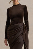 Sasha Brown Satin And Velvet Midi Dress With Wrap Detail