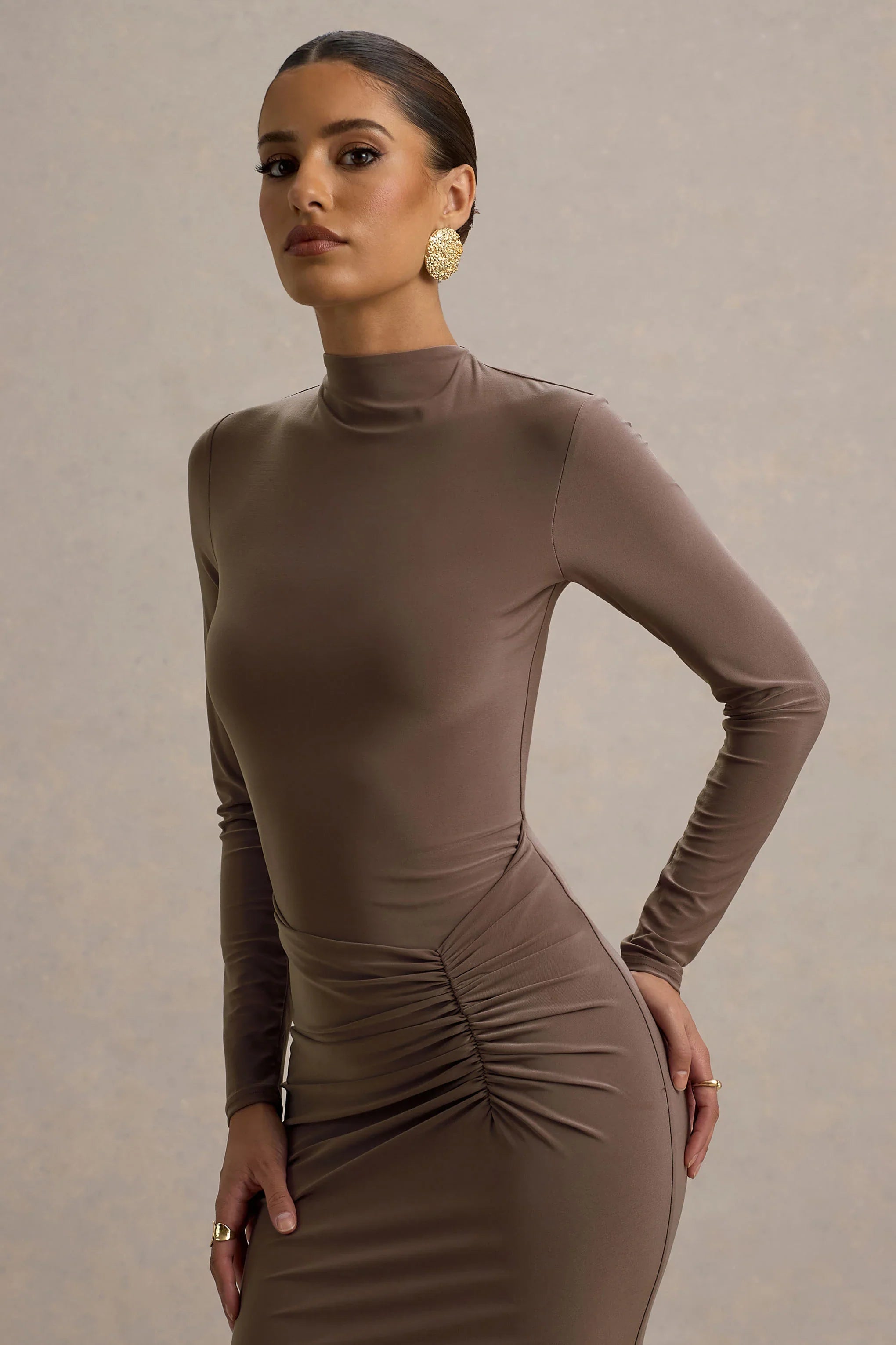 Reid Brown Long Sleeve Gathered Maxi Dress