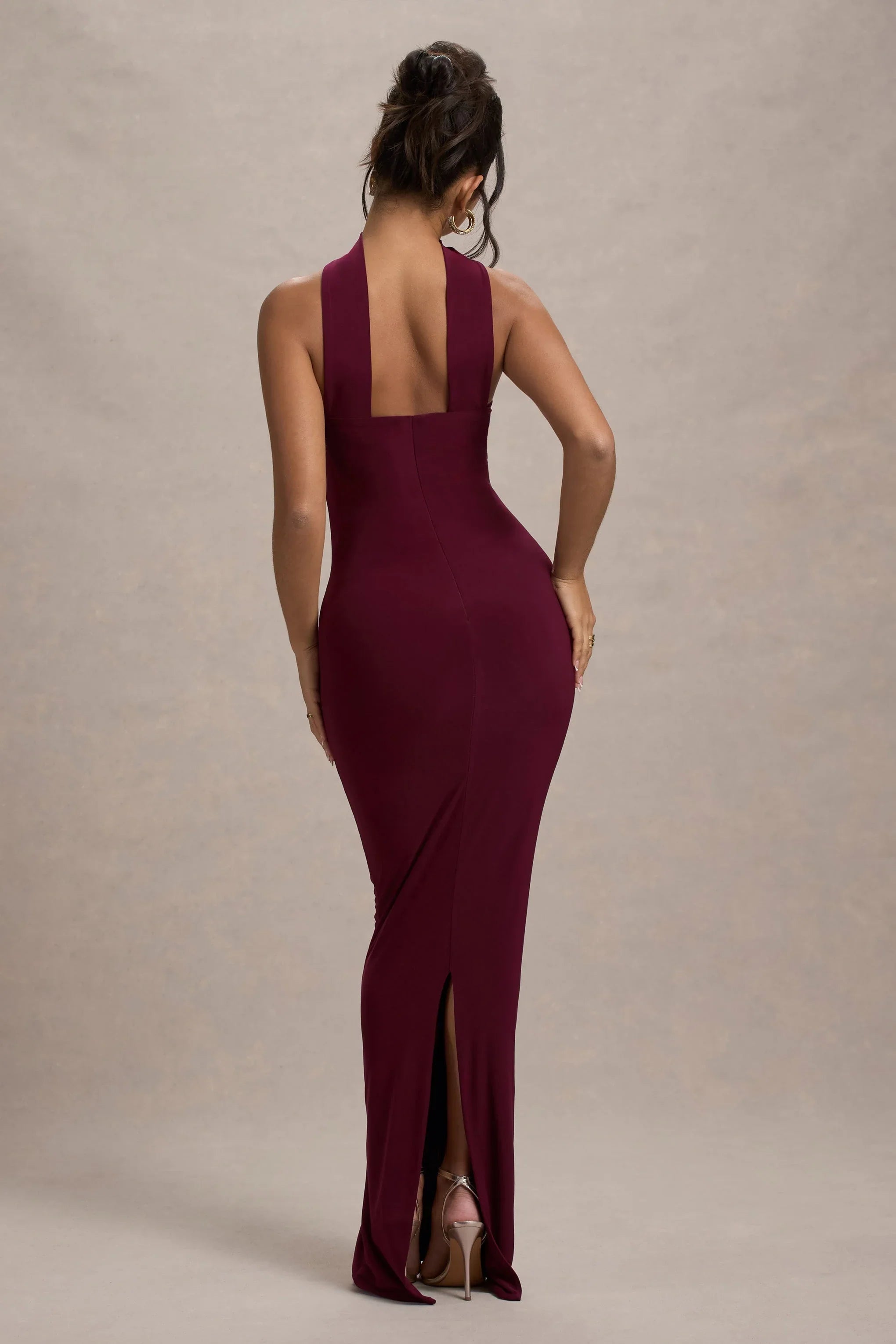 Nobu Burgundy Bandeau Maxi Dress With Halter Collar