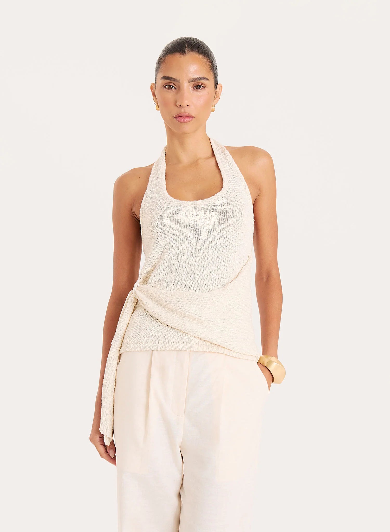 Cream Boucle Knit Draped Waist Sleeveless Top
