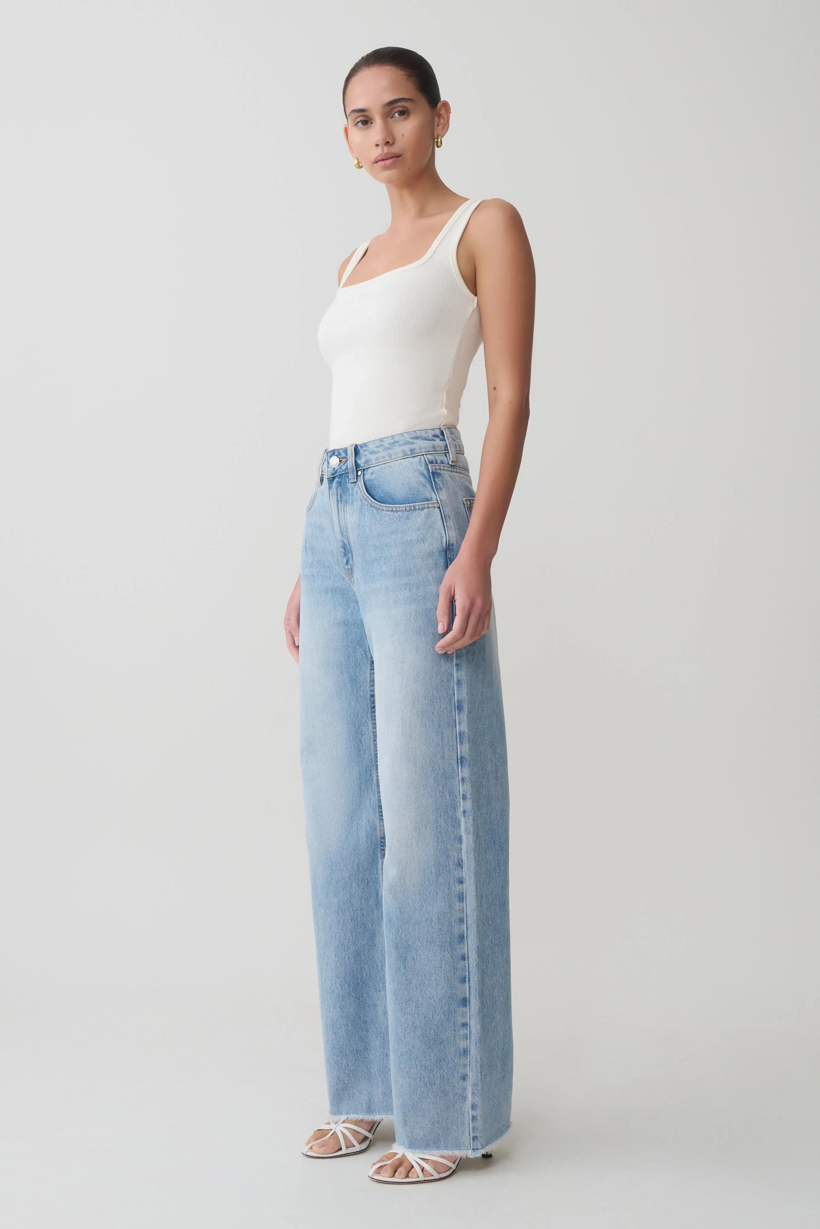 Sebastian Straight Leg Denim Jeans With Fray Hem Washed Light Blue