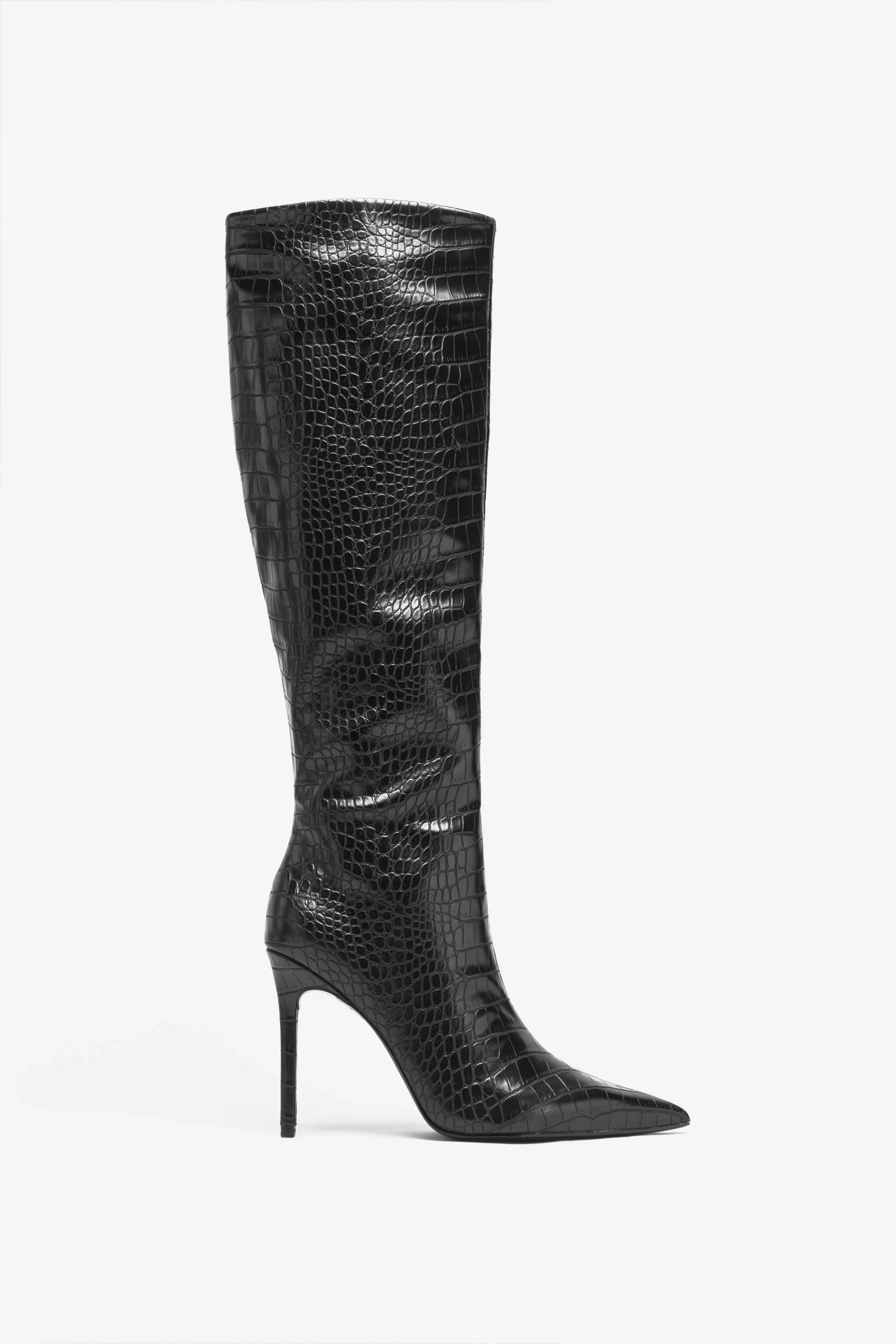 Uptown Black Croc Fitted Over Knee Pointed Heeled Boots