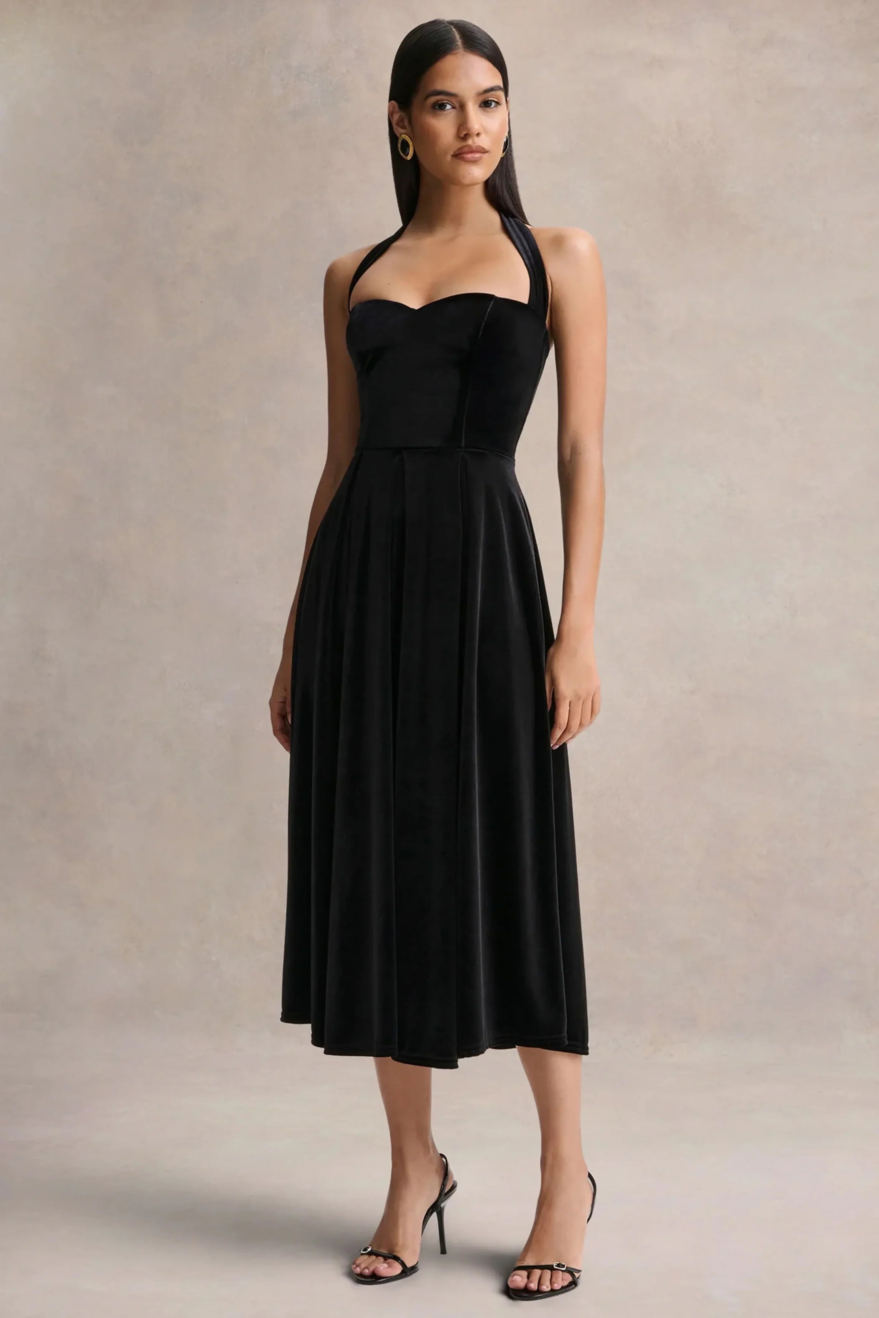 Esmeray Black Velvet Sweetheart Neck Midi Dress
