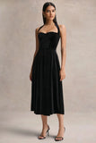 Esmeray Black Velvet Sweetheart Neck Midi Dress