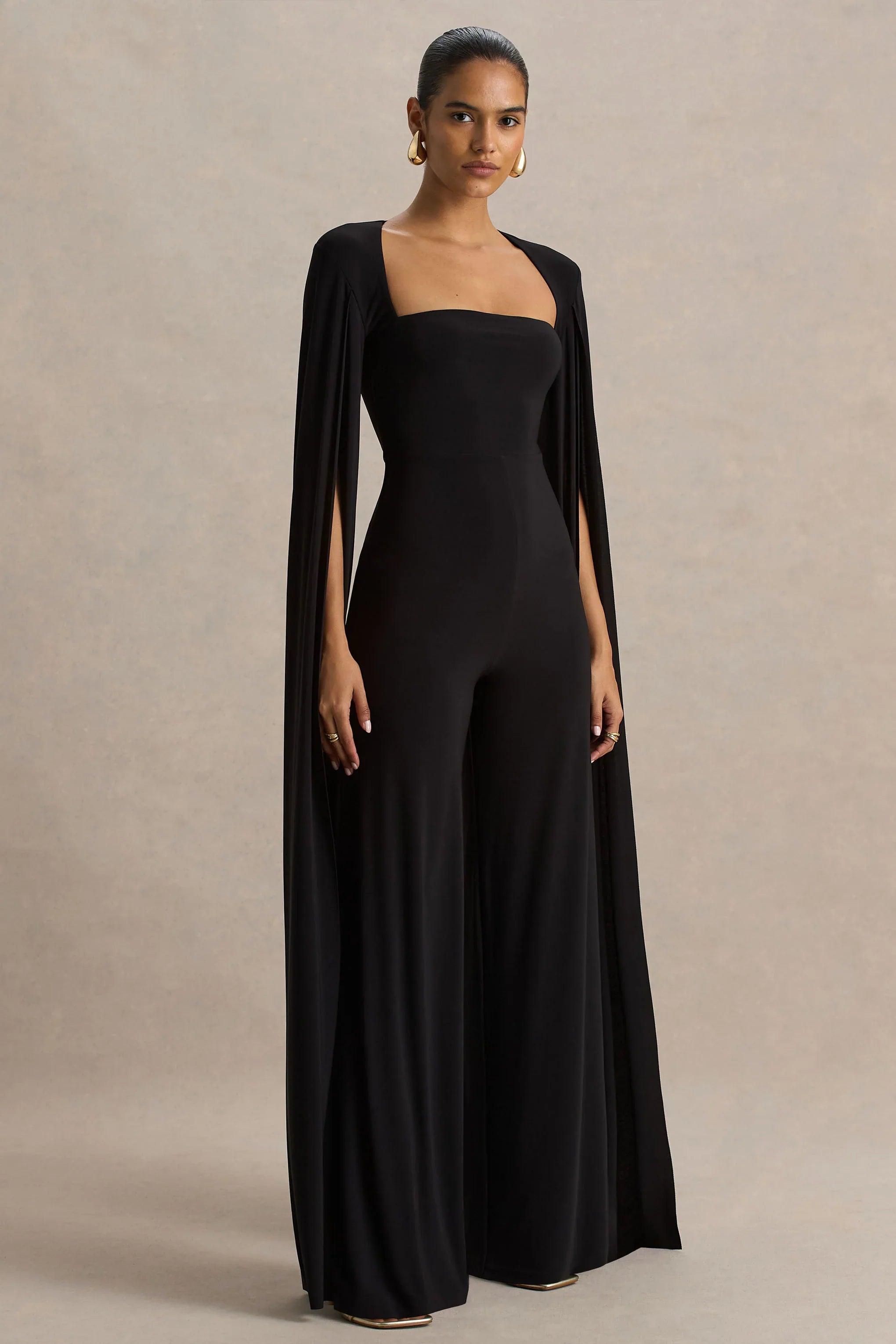 Zara Black Square Neck Jumpsuit With Cape Sleeves