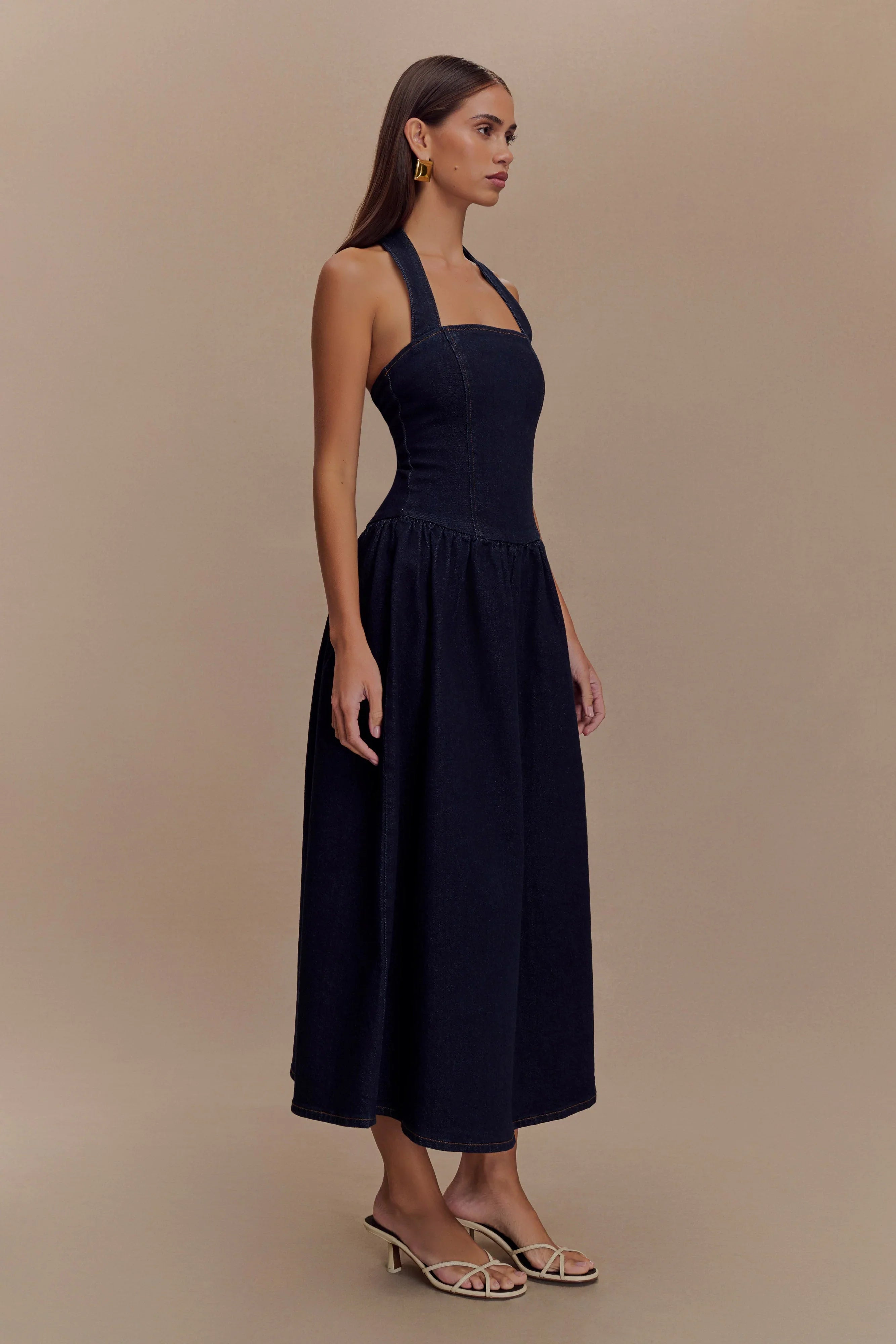 Caroline Denim Halter Midi Dress Indigo Blue