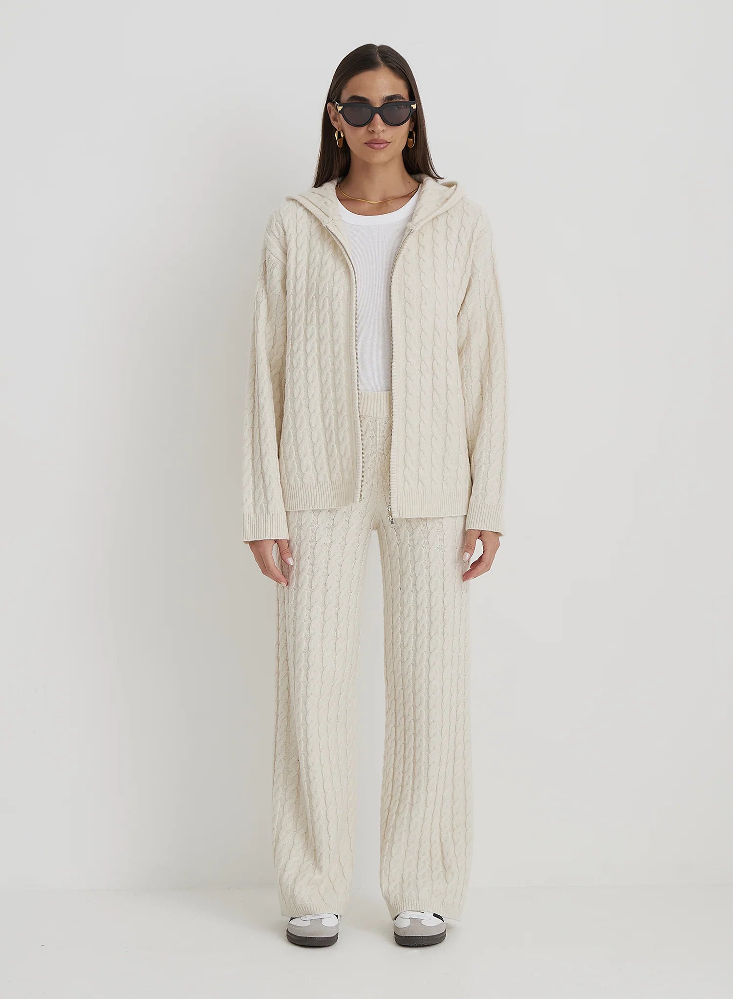 Cream Cable Knit Zip Hoodie