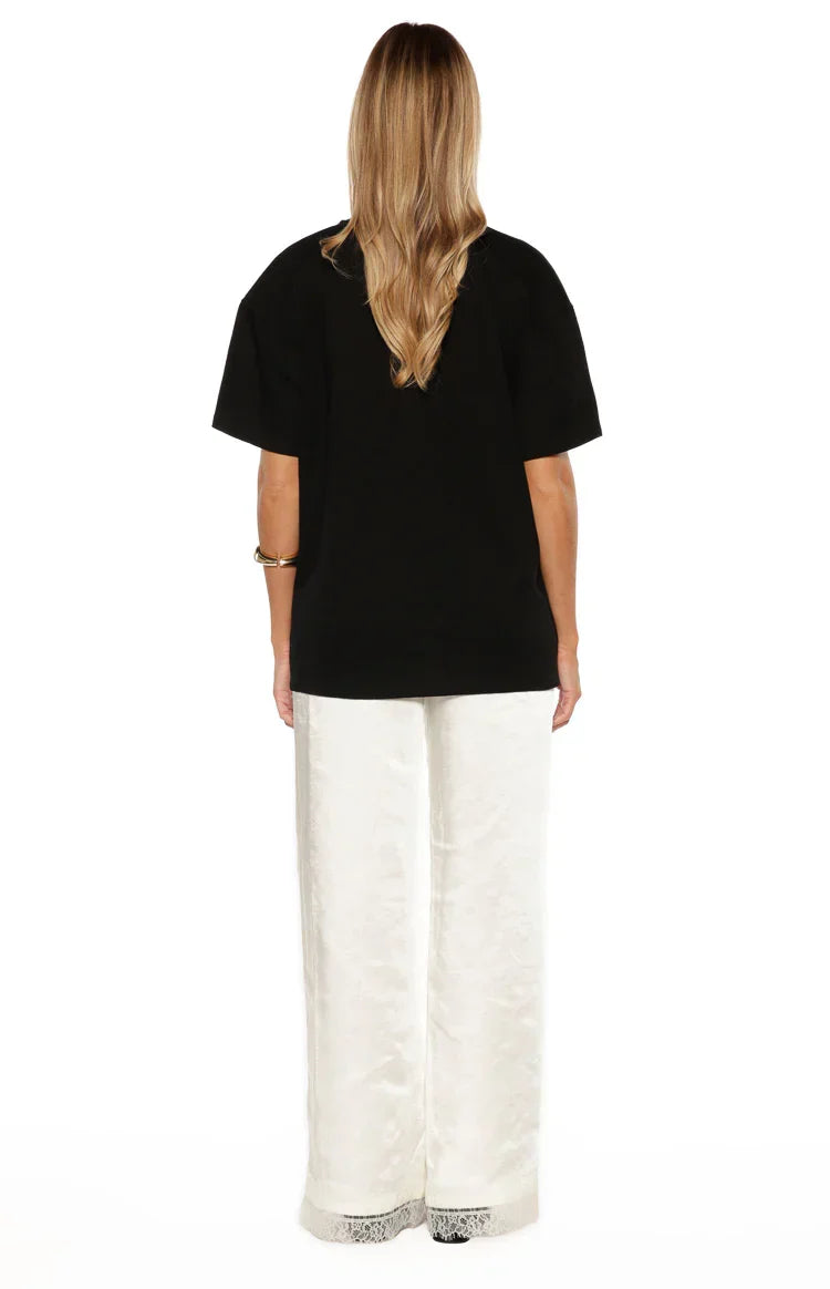 Orla Ivory Satin Straight Leg Lace Trim Pants