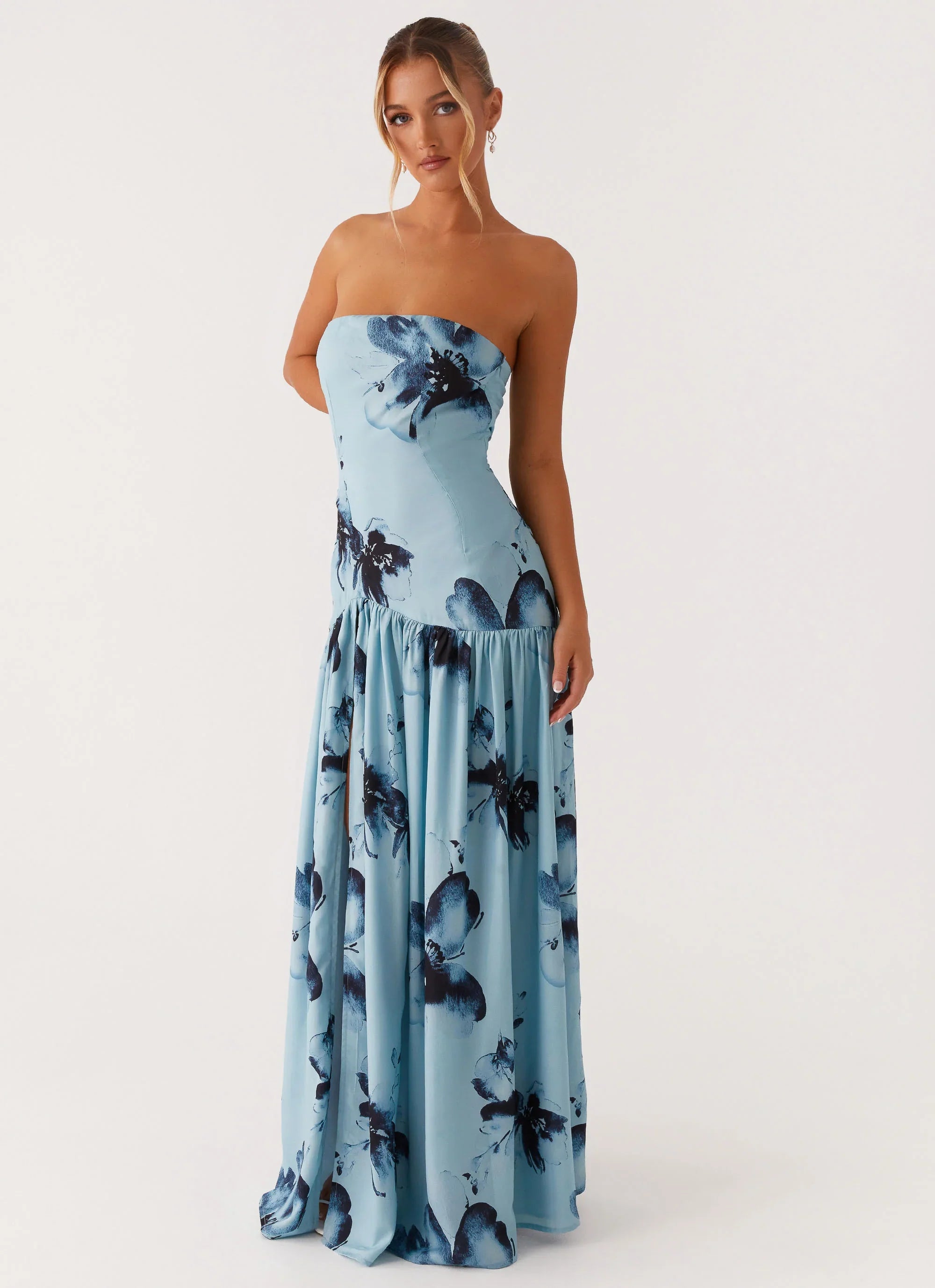 Eden Strapless Maxi Dress Blue Black Floral