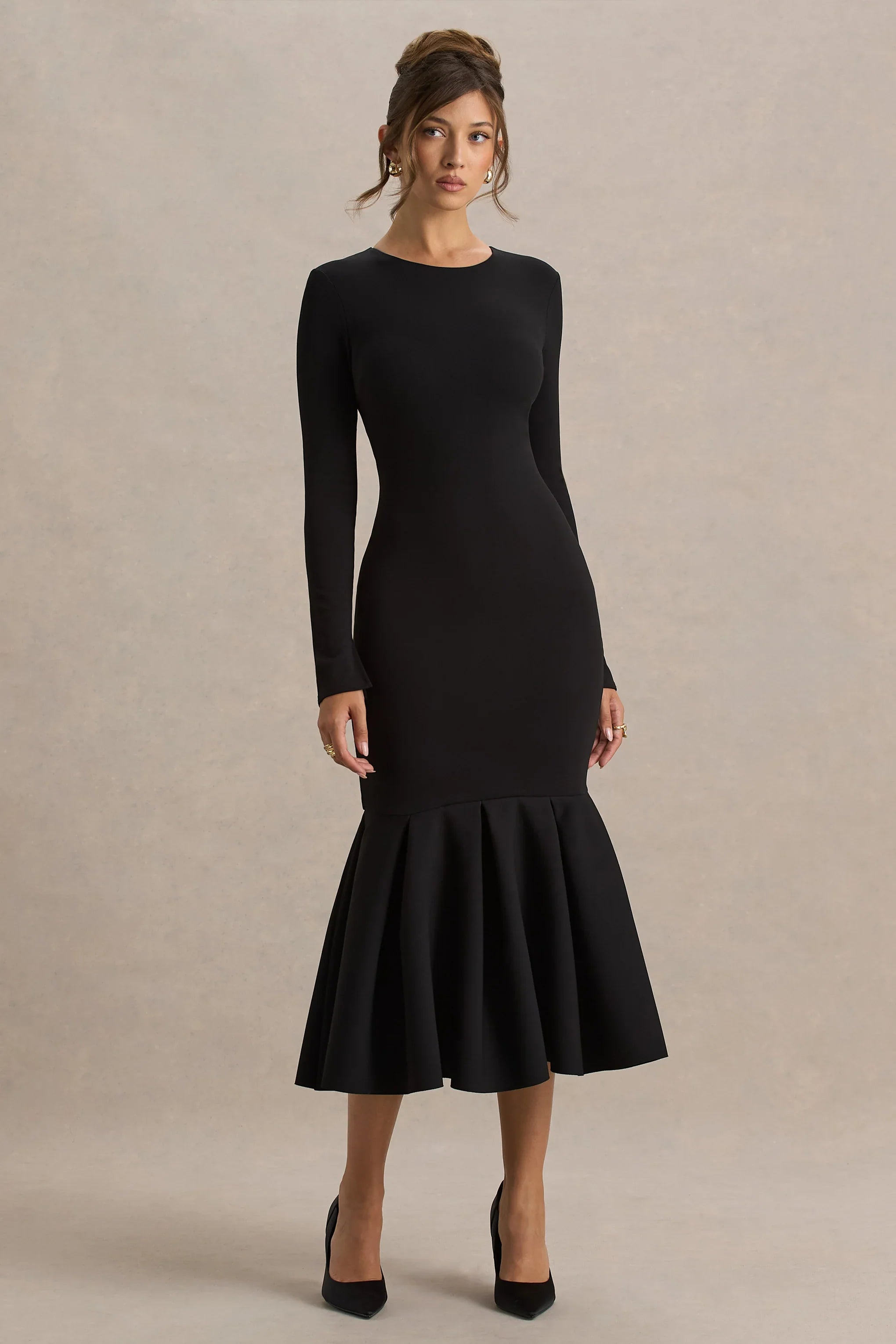 Liberty Black High Neck Mermaid Midi Dress With Ruffling Detail