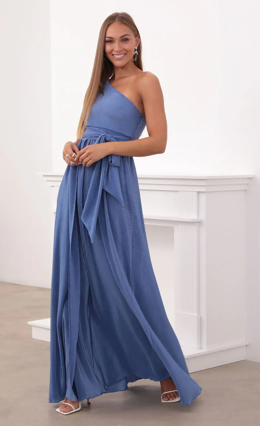 One Shoulder Pleated Dress in Periwinkle Blue