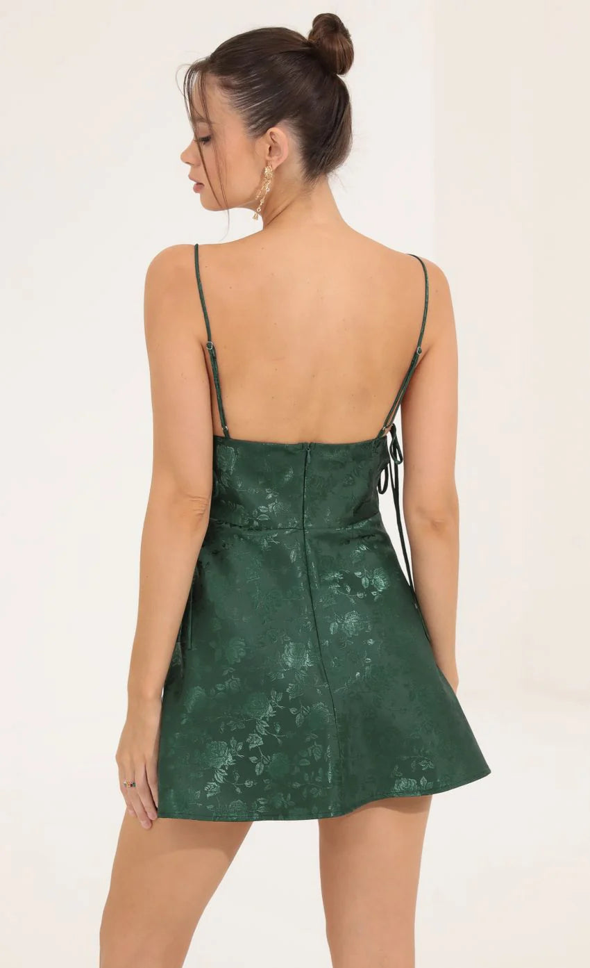 Floral Jacquard A Line Dress in Green