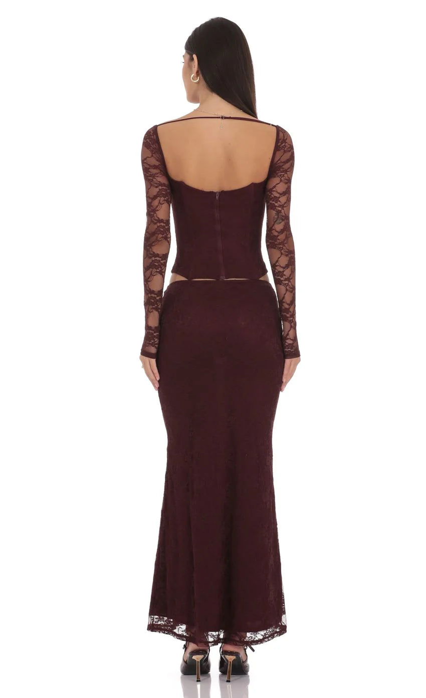 Lace Flare Maxi Skirt in Deep Wine