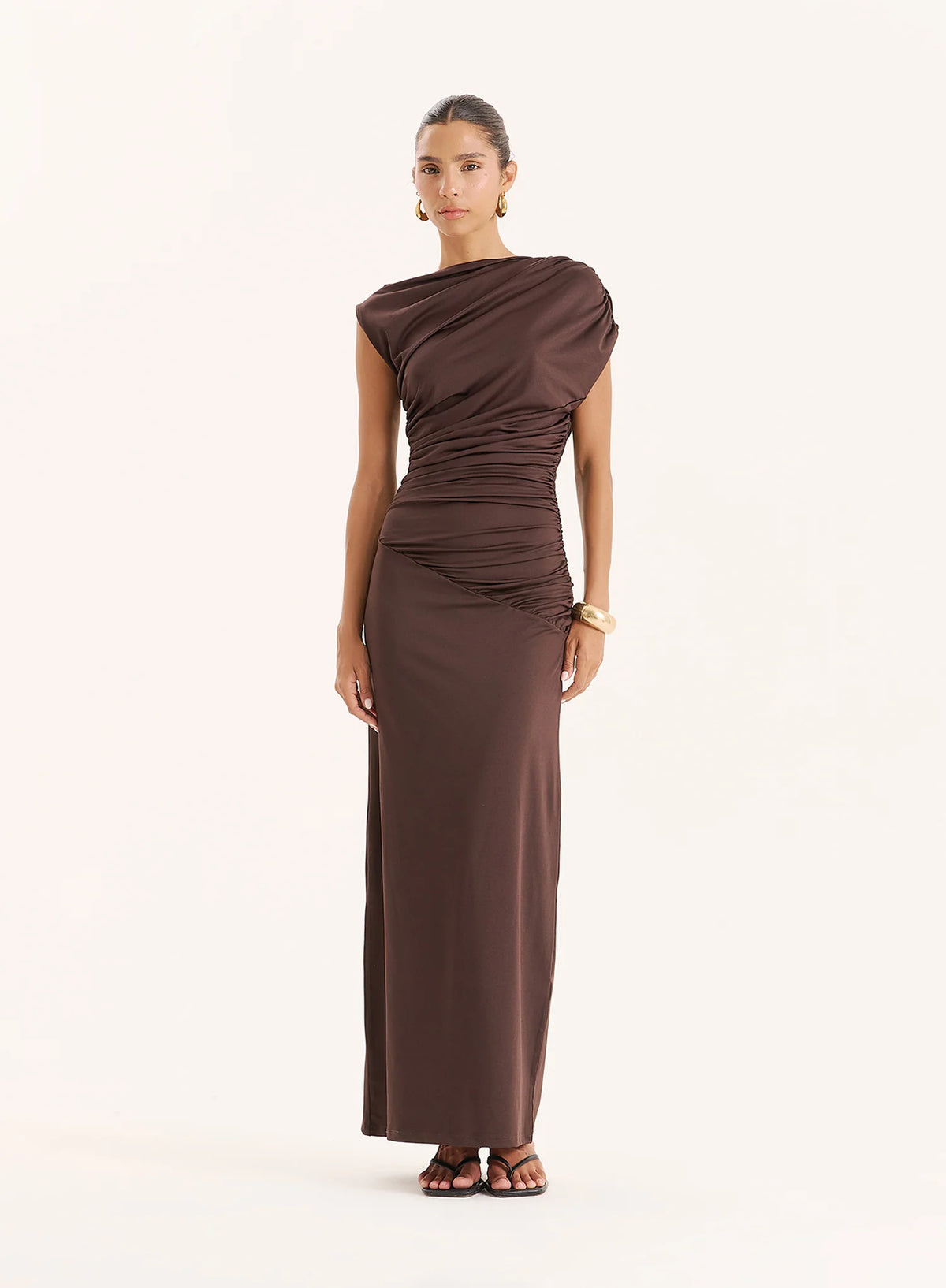 Chocolate Ruched Sleeveless Maxi Dress