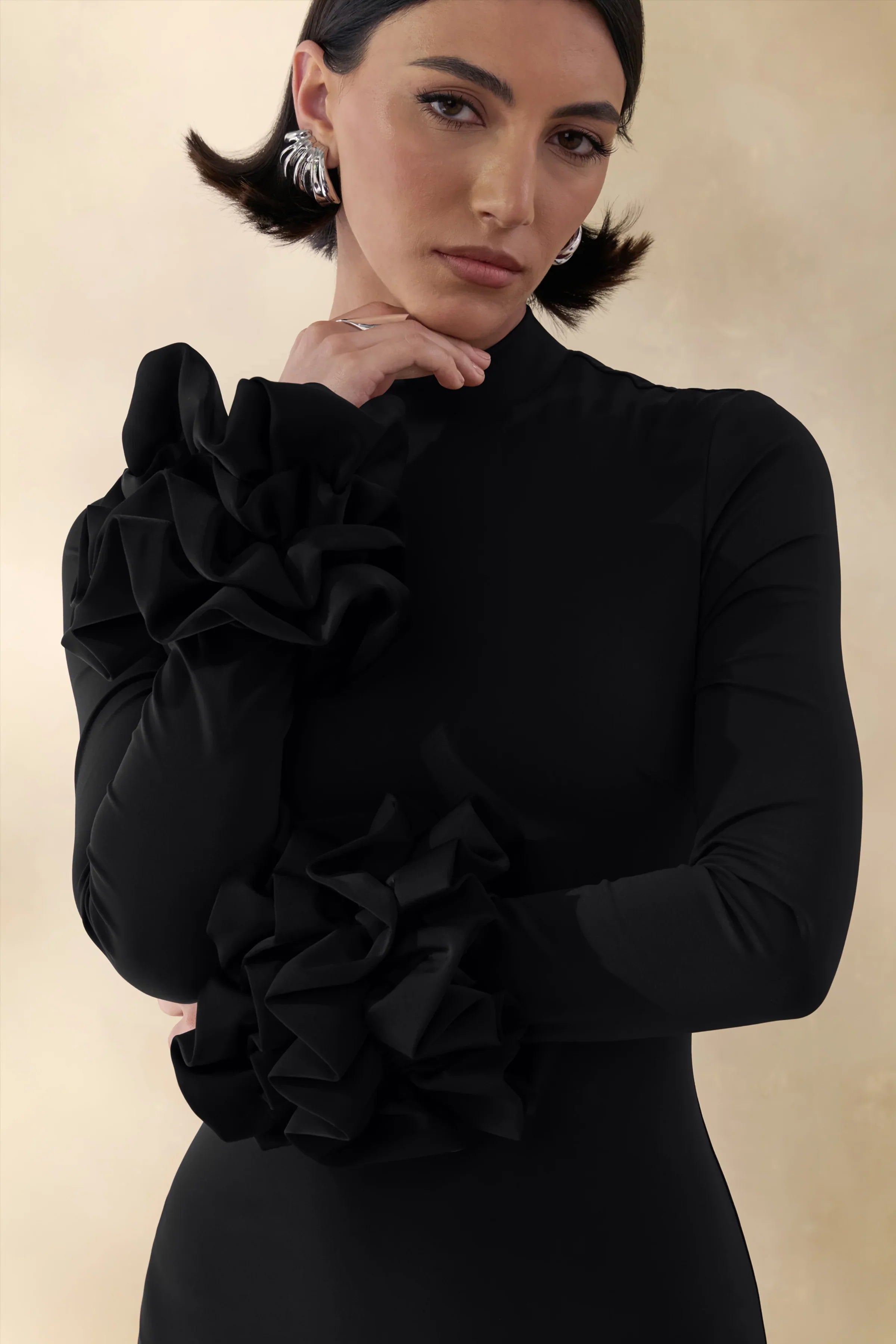 Jaselle Black High Neck Maxi Dress With Ruffled Satin Cuffs