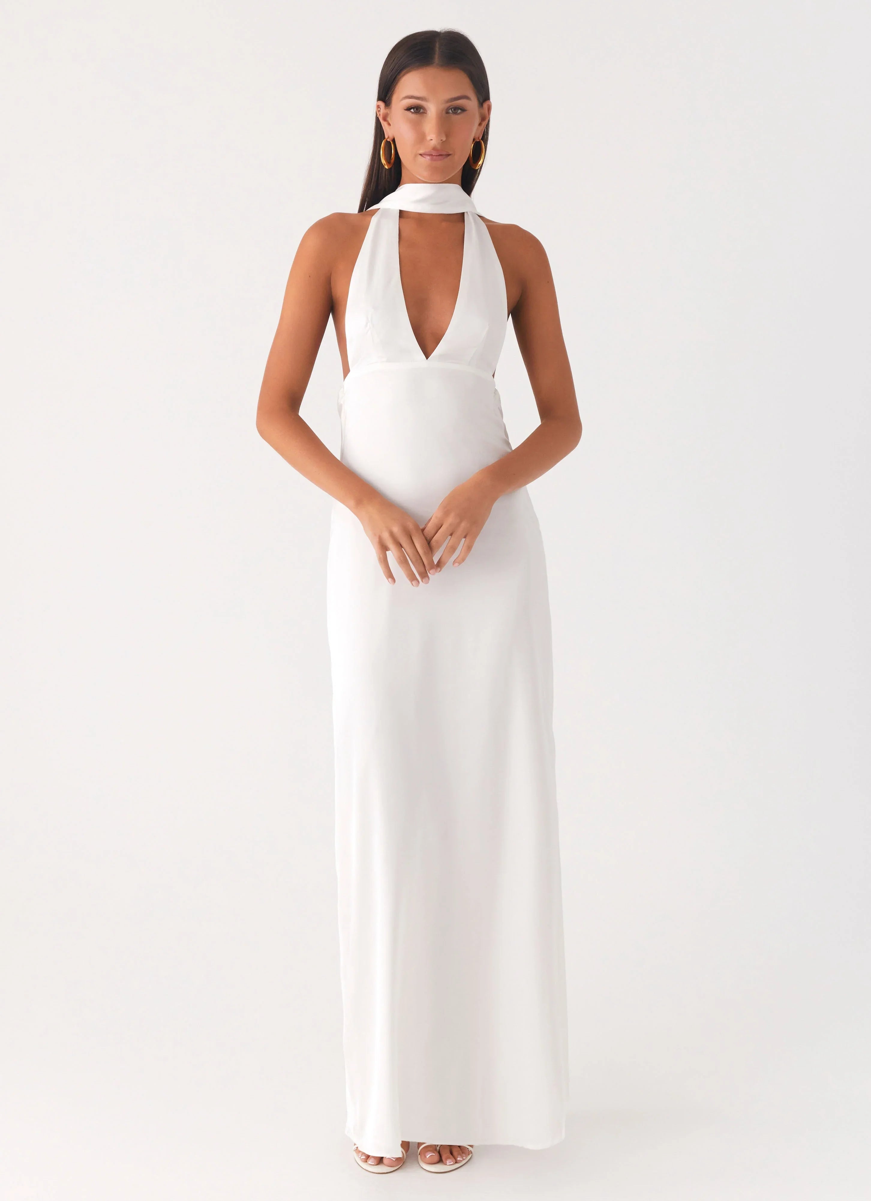 Alicia Satin Halter Maxi Dress White