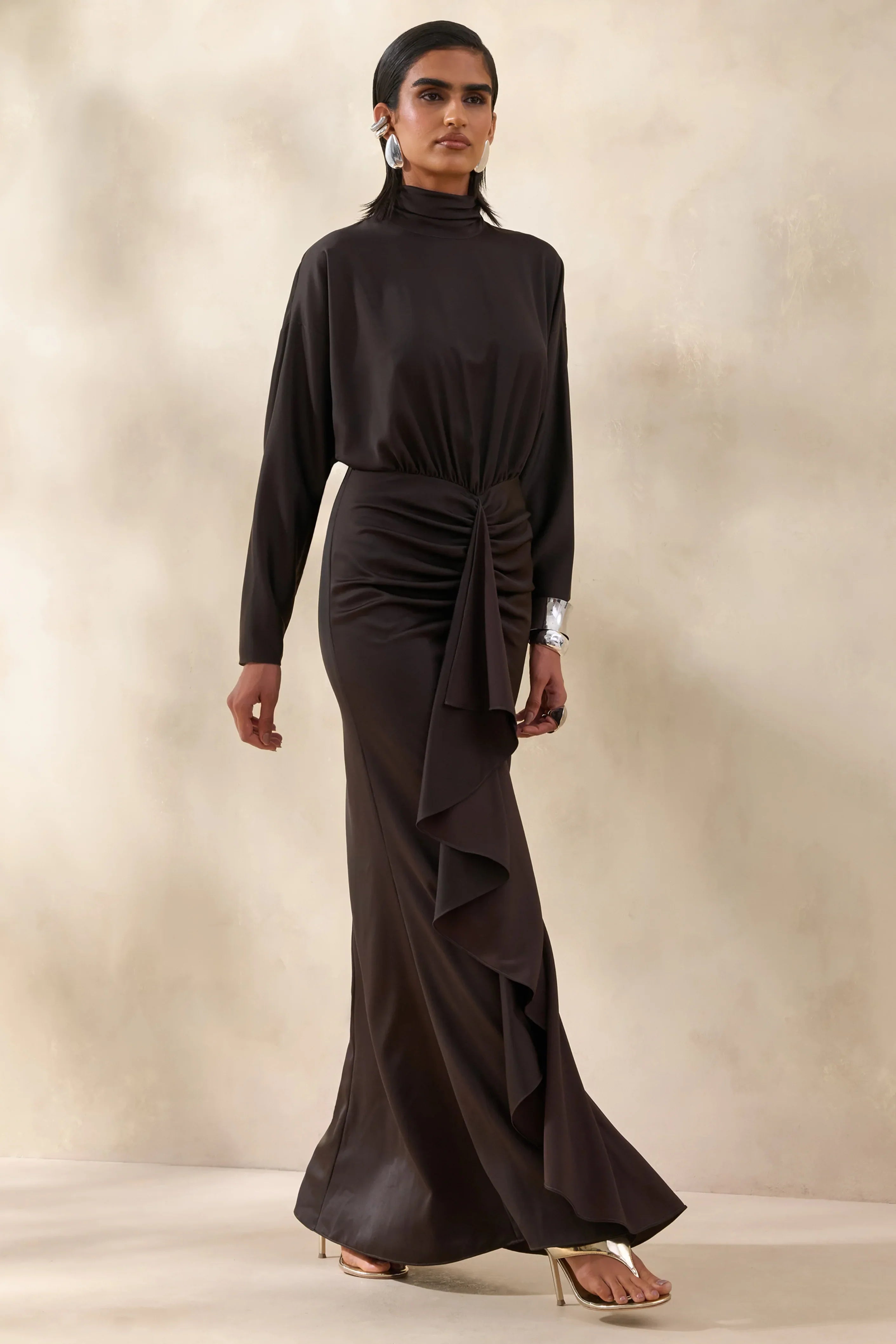 Perla Dark Brown High Neck Maxi Dress With Gathered Detailing