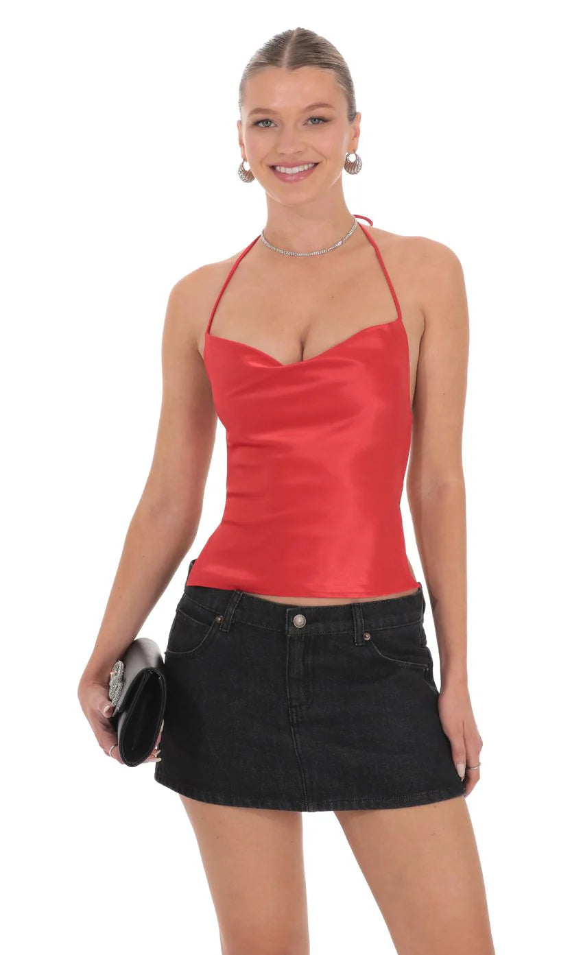 Satin Cowl Neck Top in Red