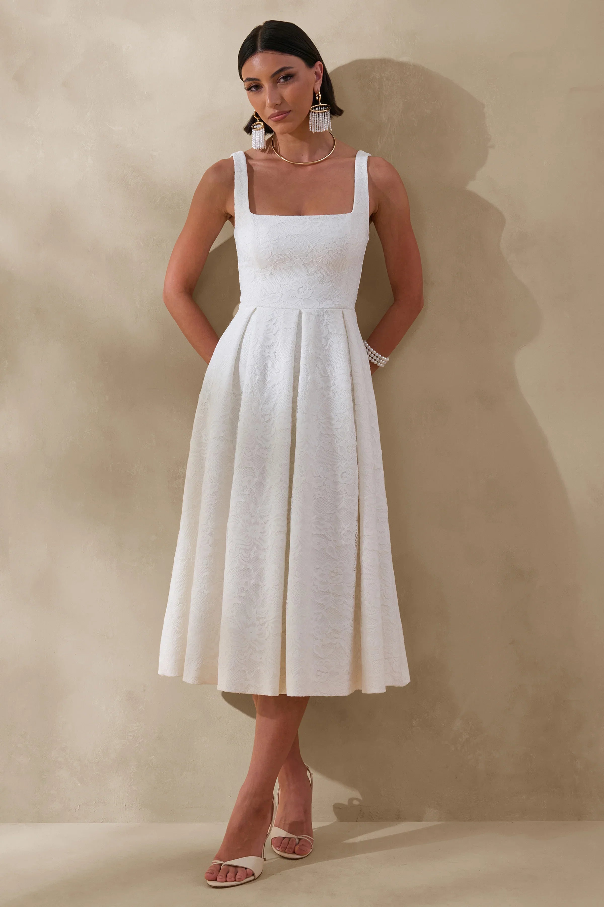 Ashmara White Lace Square Neck Midi Dress