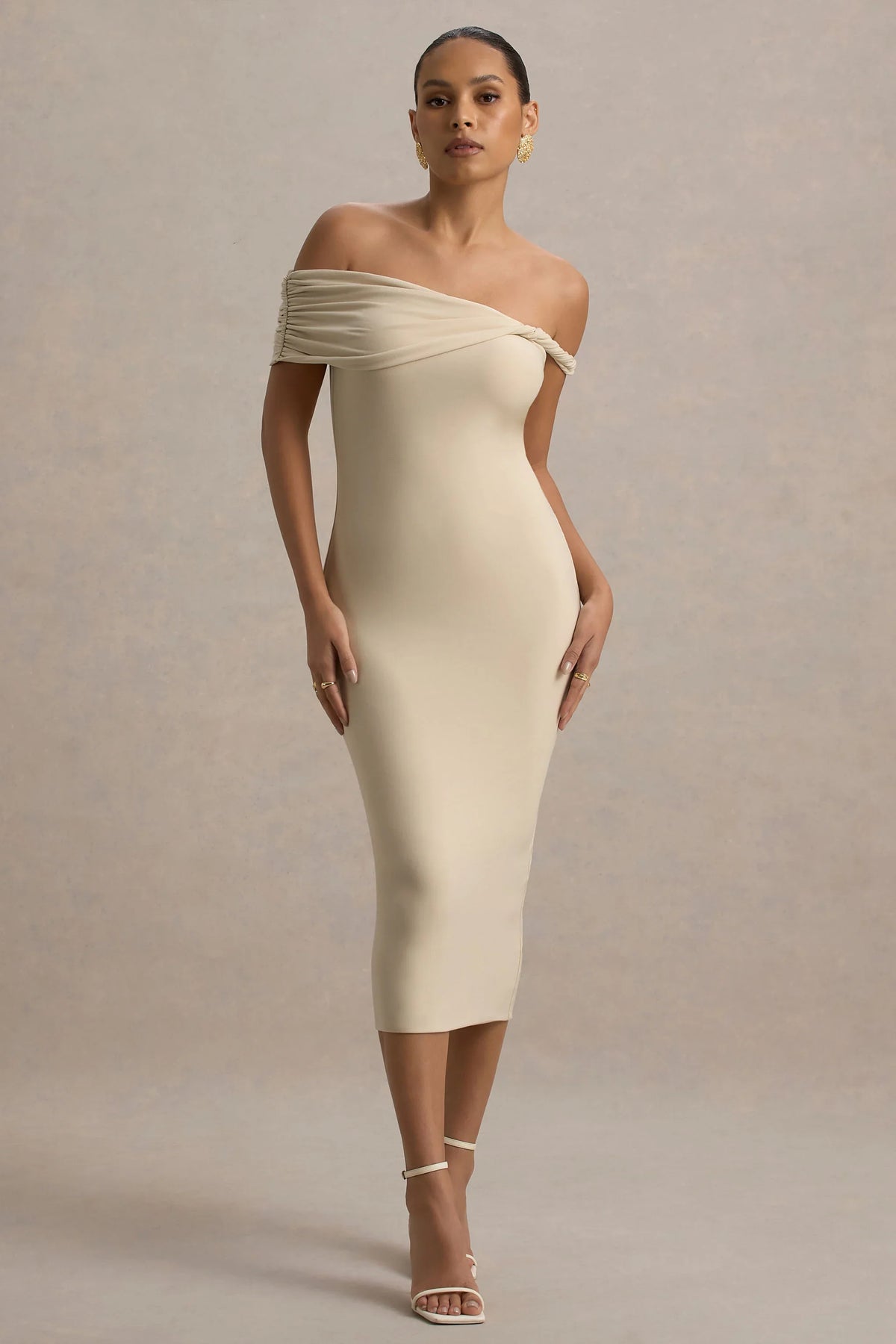 Skye Sand Twisted Bardot Midi Dress