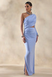 Malika Powder Blue Asymmetric Neck Maxi Dress With Body Cut Out And Gathered Detailing