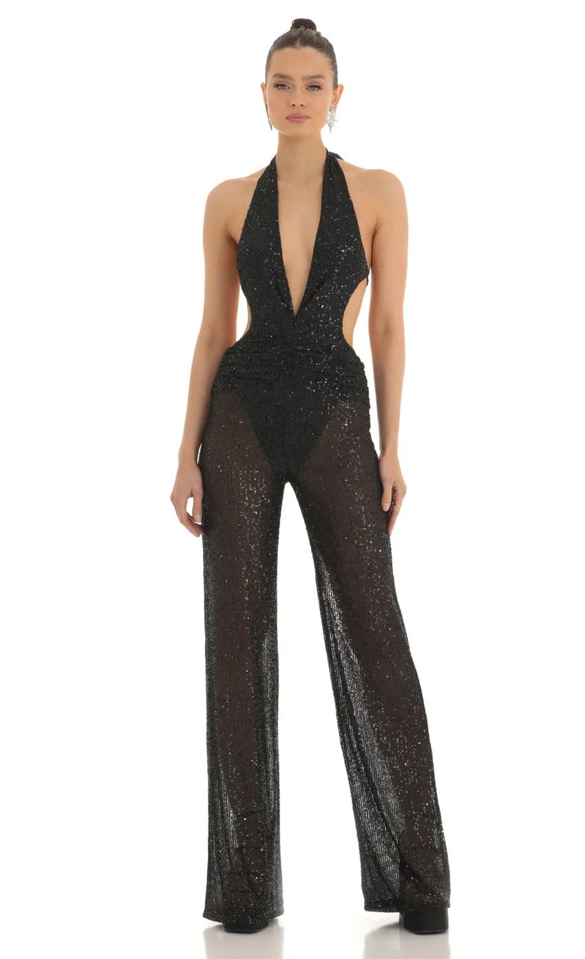 Sequin Plunge Halter Jumpsuit in Black