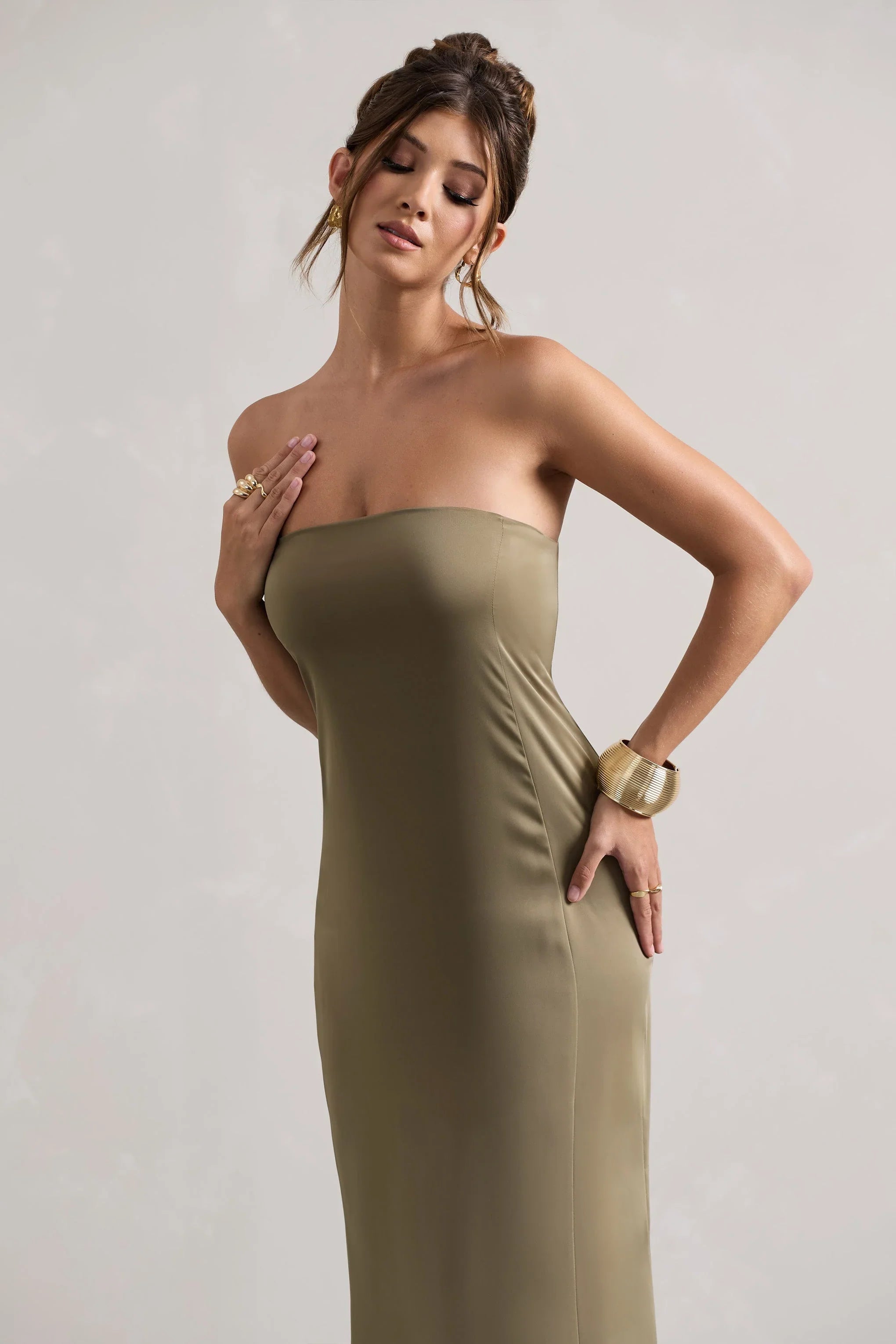 Azra Olive Satin Bandeau Maxi Dress