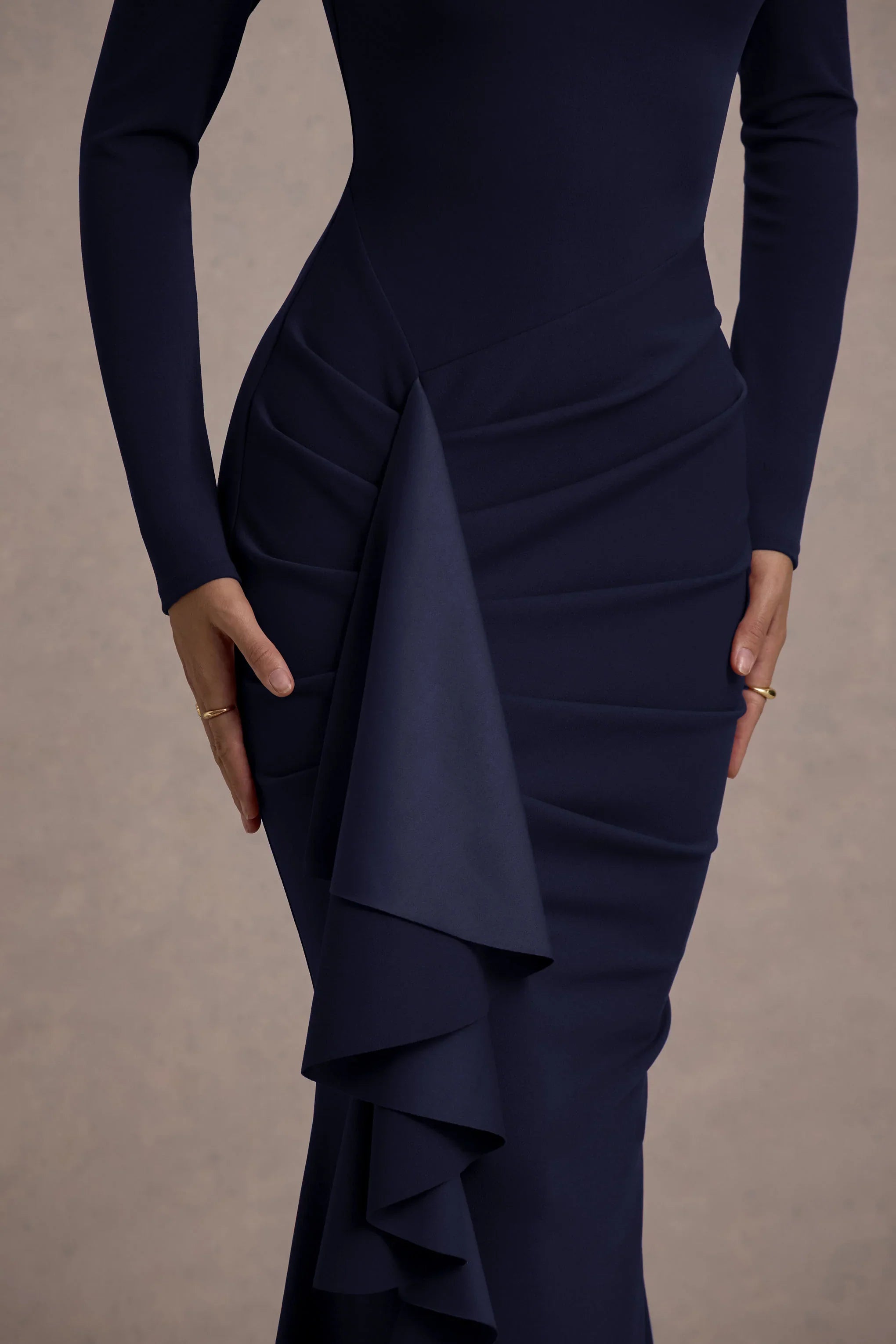Alayna Navy Long Sleeve Maxi Dress With Ruffled Split