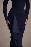 Alayna Navy Long Sleeve Maxi Dress With Ruffled Split