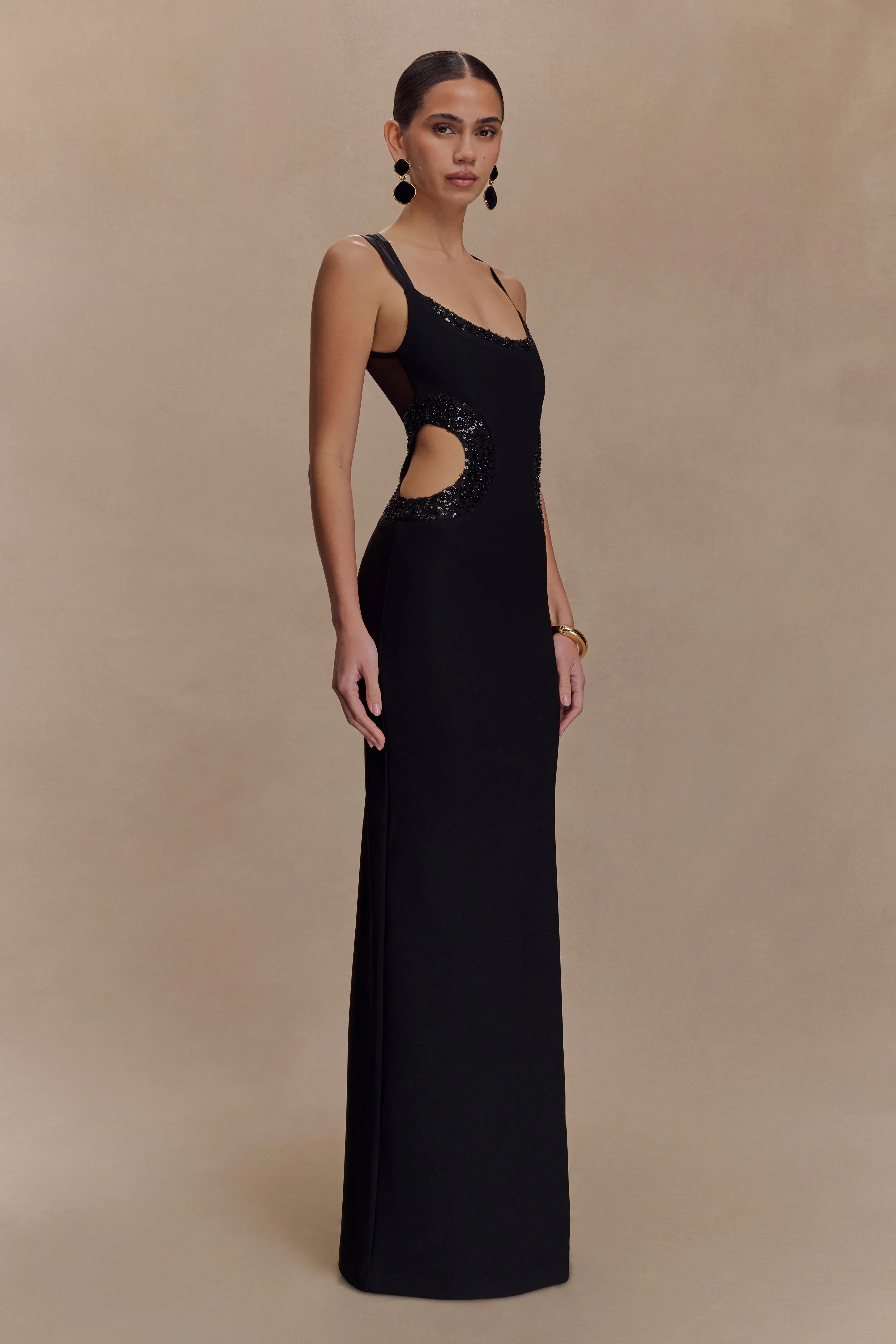 Angelique Beaded Crepe Maxi Dress Black