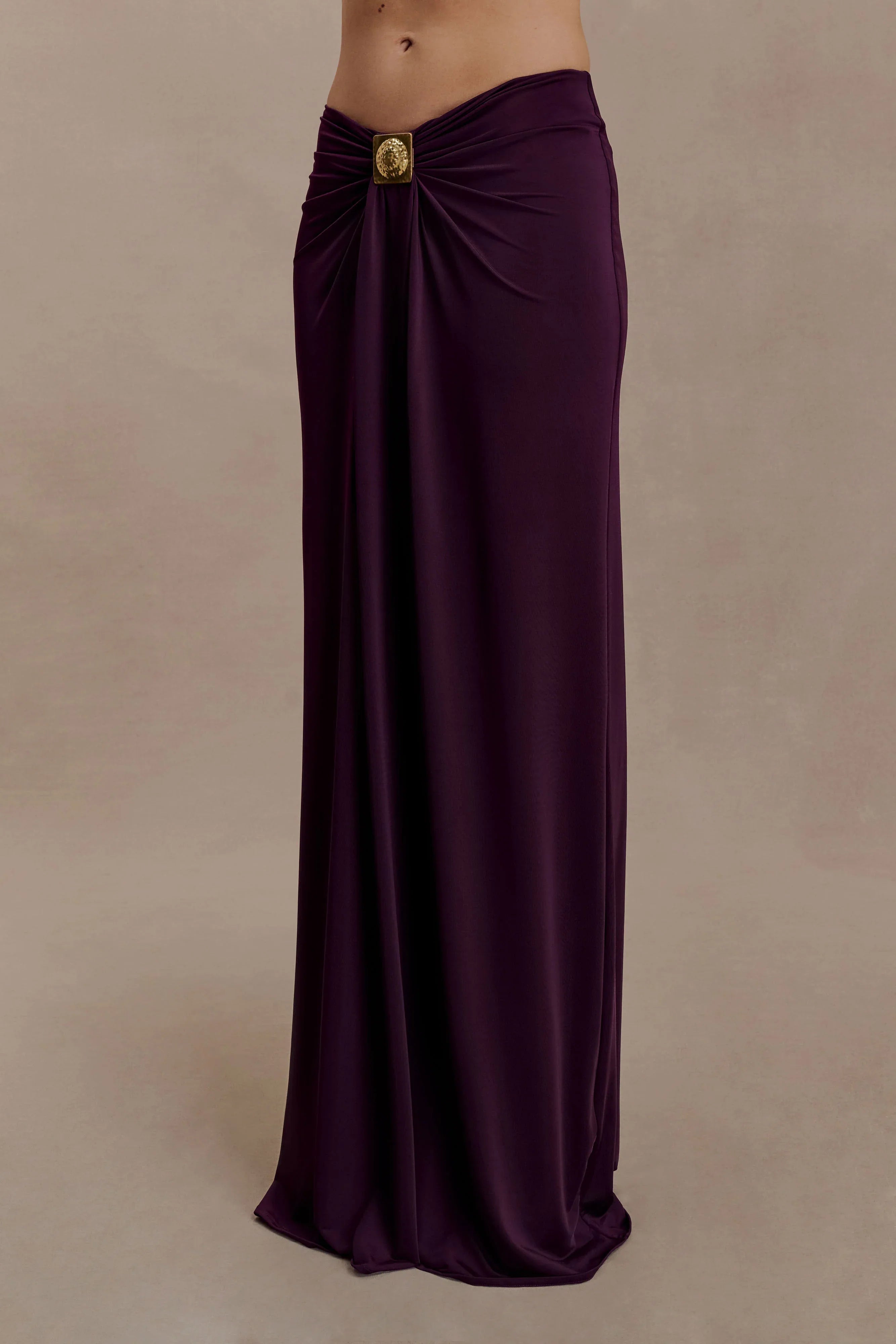 Erina Slinky Ruched Maxi Skirt With Hardware Aubergine