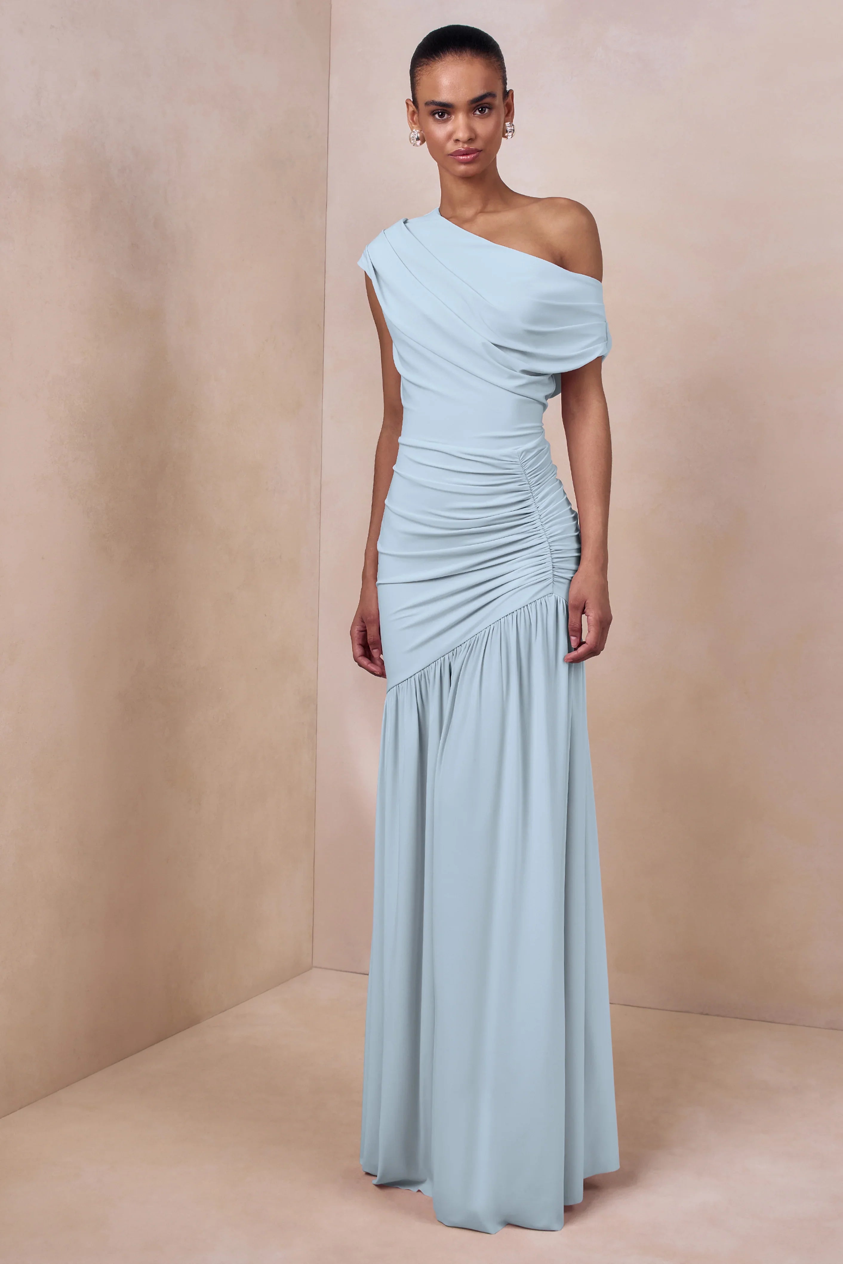Kady Powder Blue Asymmetric Neck Maxi Dress With Ruched Detailing