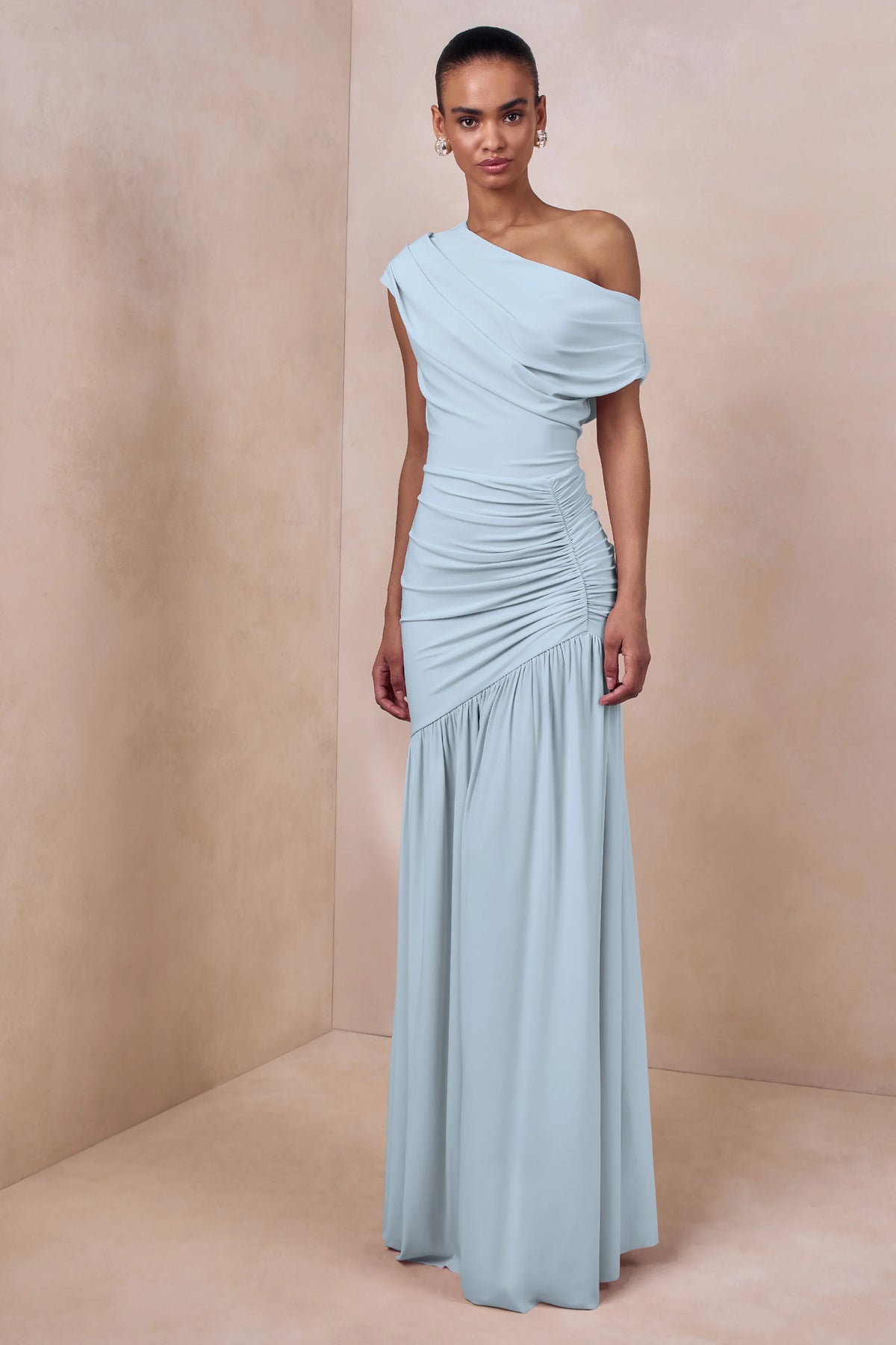 Kady Powder Blue Asymmetric Neck Maxi Dress With Ruched Detailing