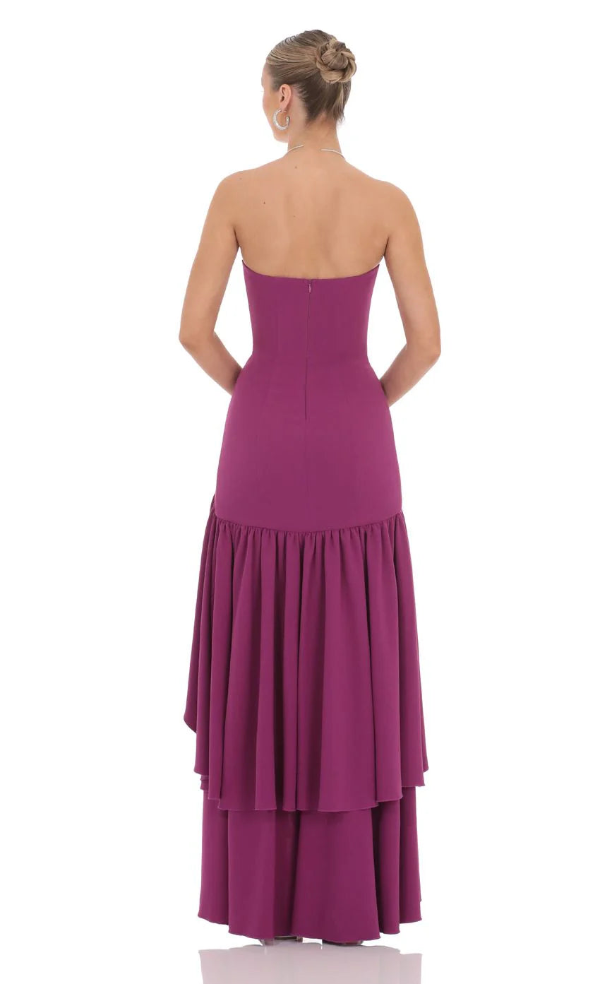 Fishtail Strapless Corset Maxi Dress in Plum