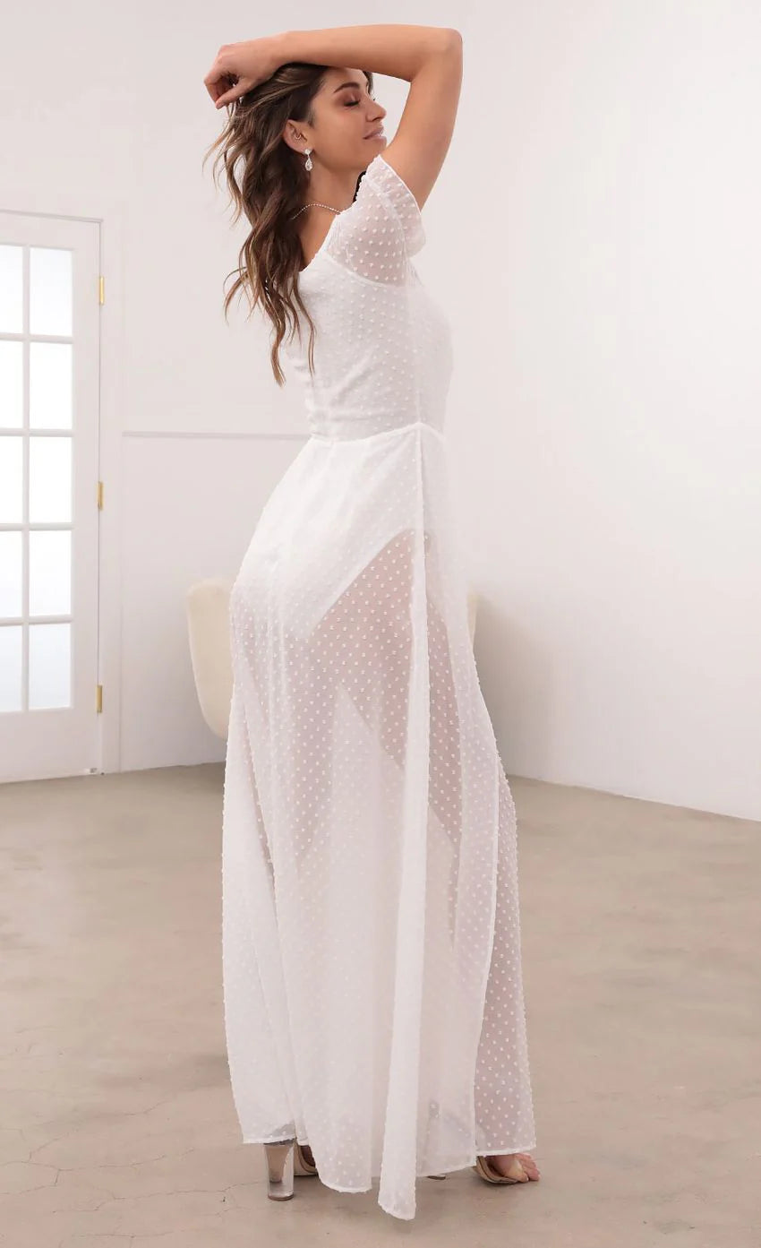 Puff Sleeve Chiffon Maxi in White Dots