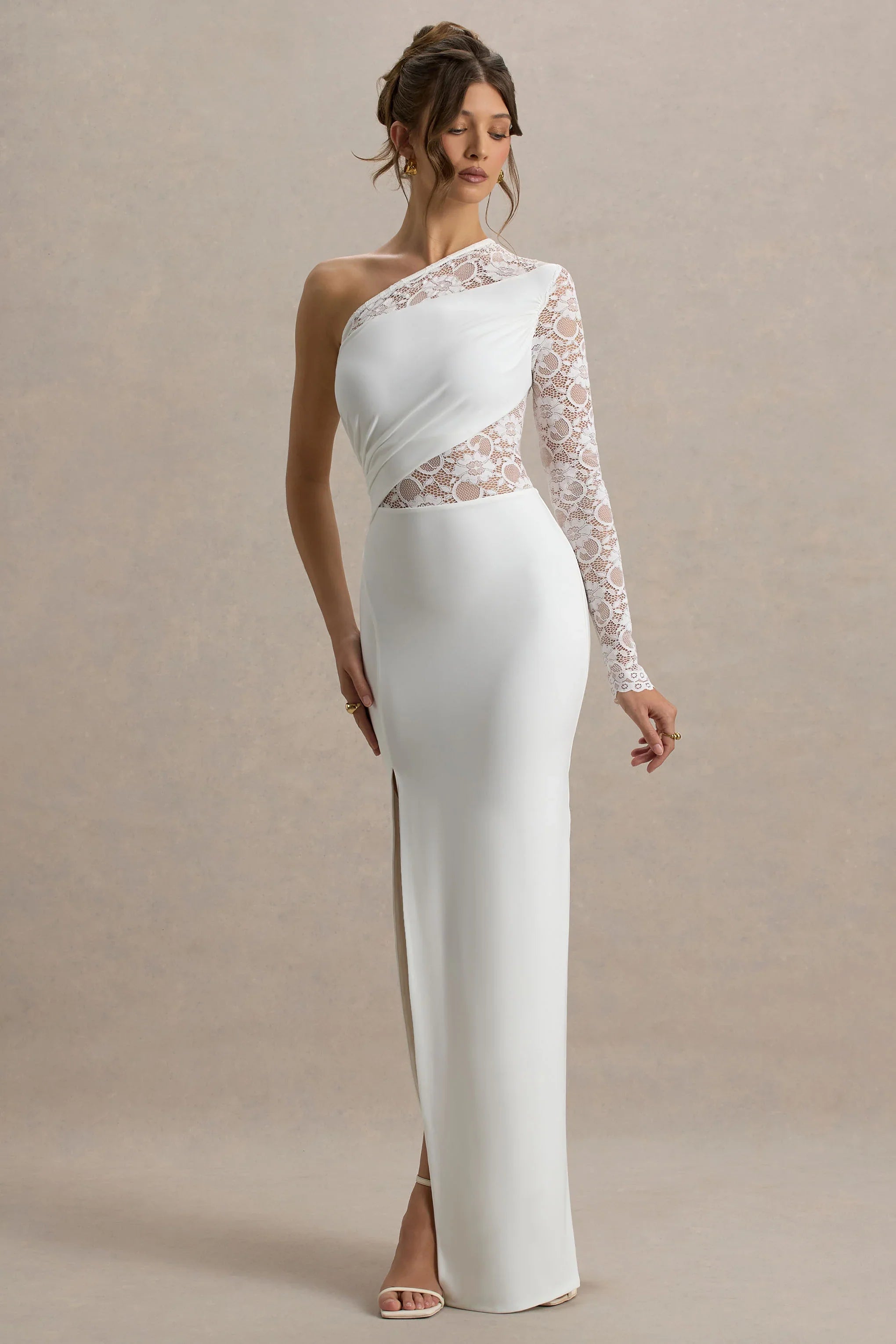 Moonlight White Asymmetric Maxi Dress With Lace Detailing