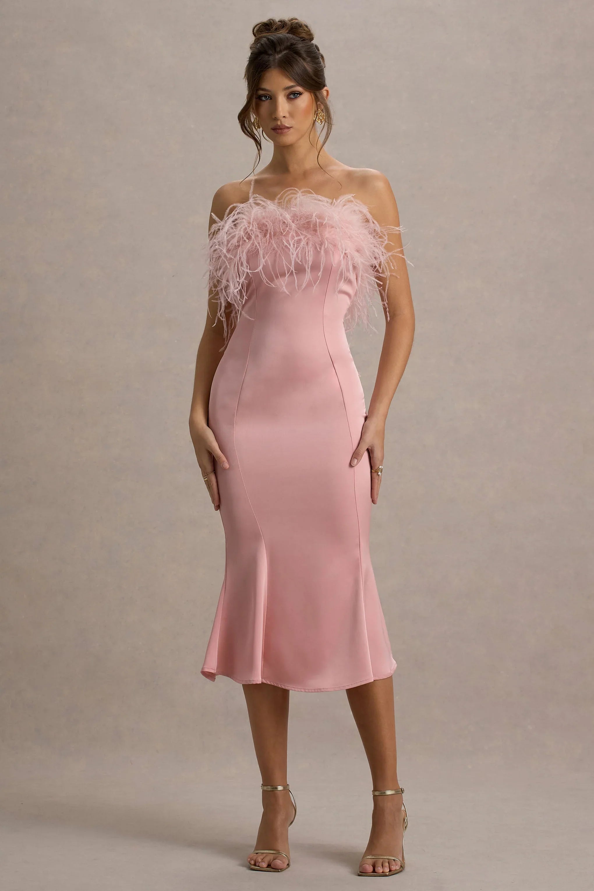 One And Only Light Pink Satin Feather Trim Bandeau Midi Dress