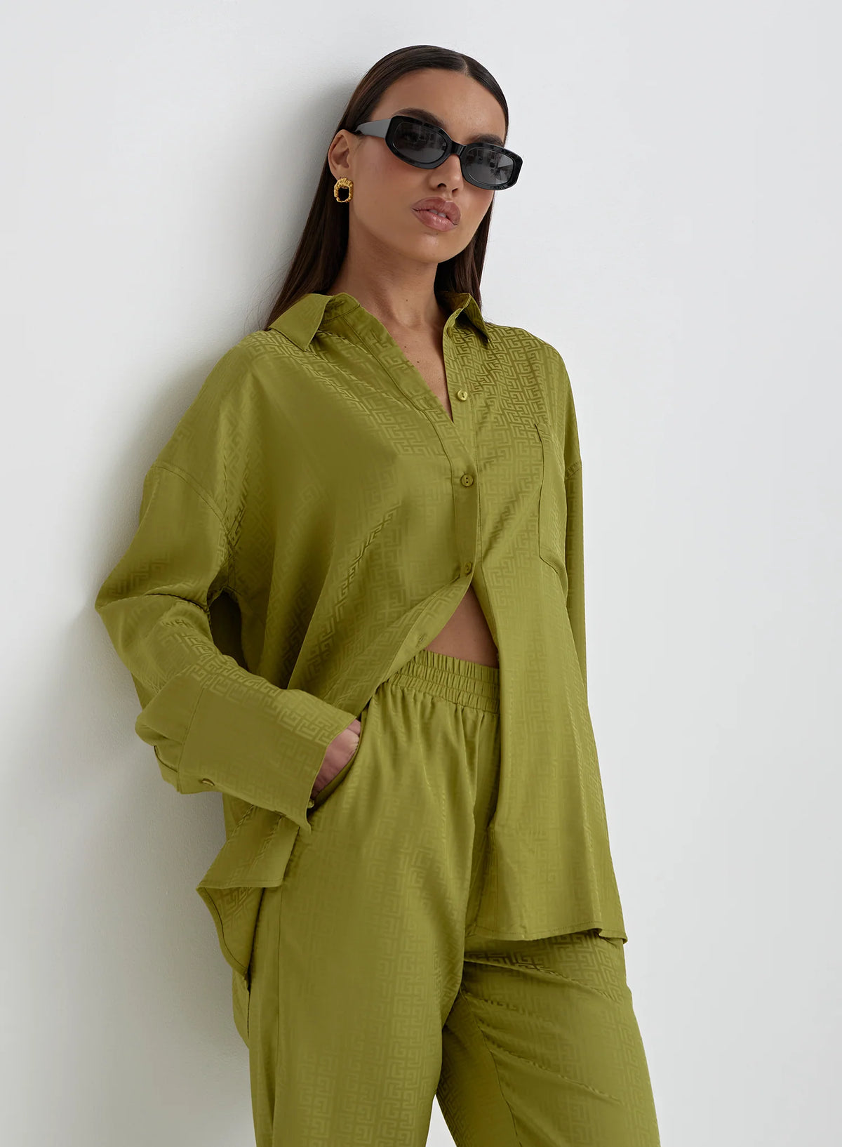 Green Jacquard Satin Print Oversized Shirt