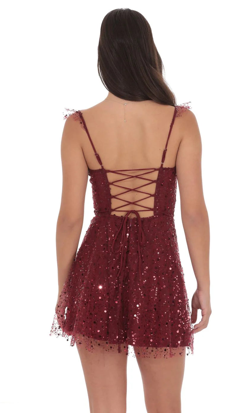 Sequin Ruffle Strap A Line Dress in Burgundy