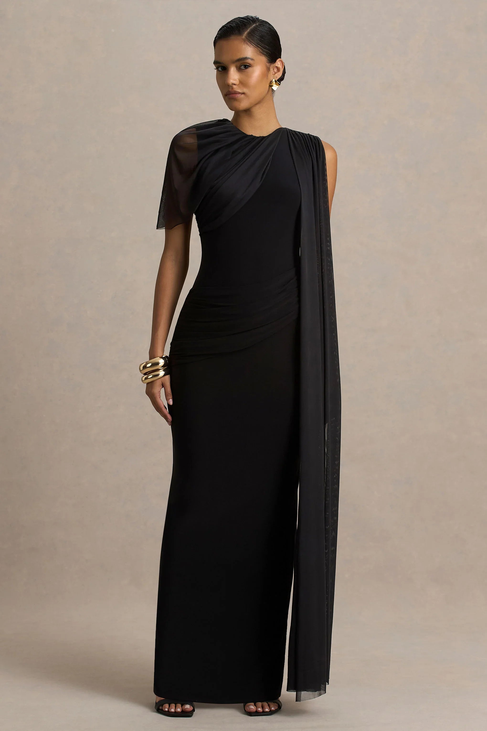 Brenda Black Crew Neck Maxi Dress With Mesh Cape And Sash