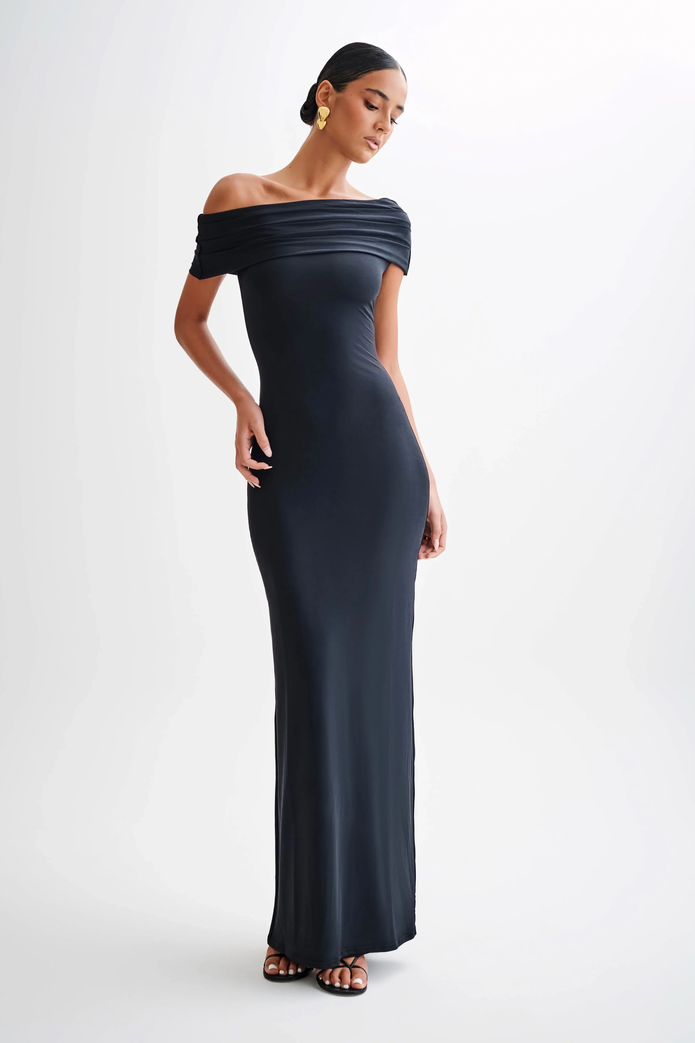 Cassandra Off Shoulder Slinky Maxi Dress Black