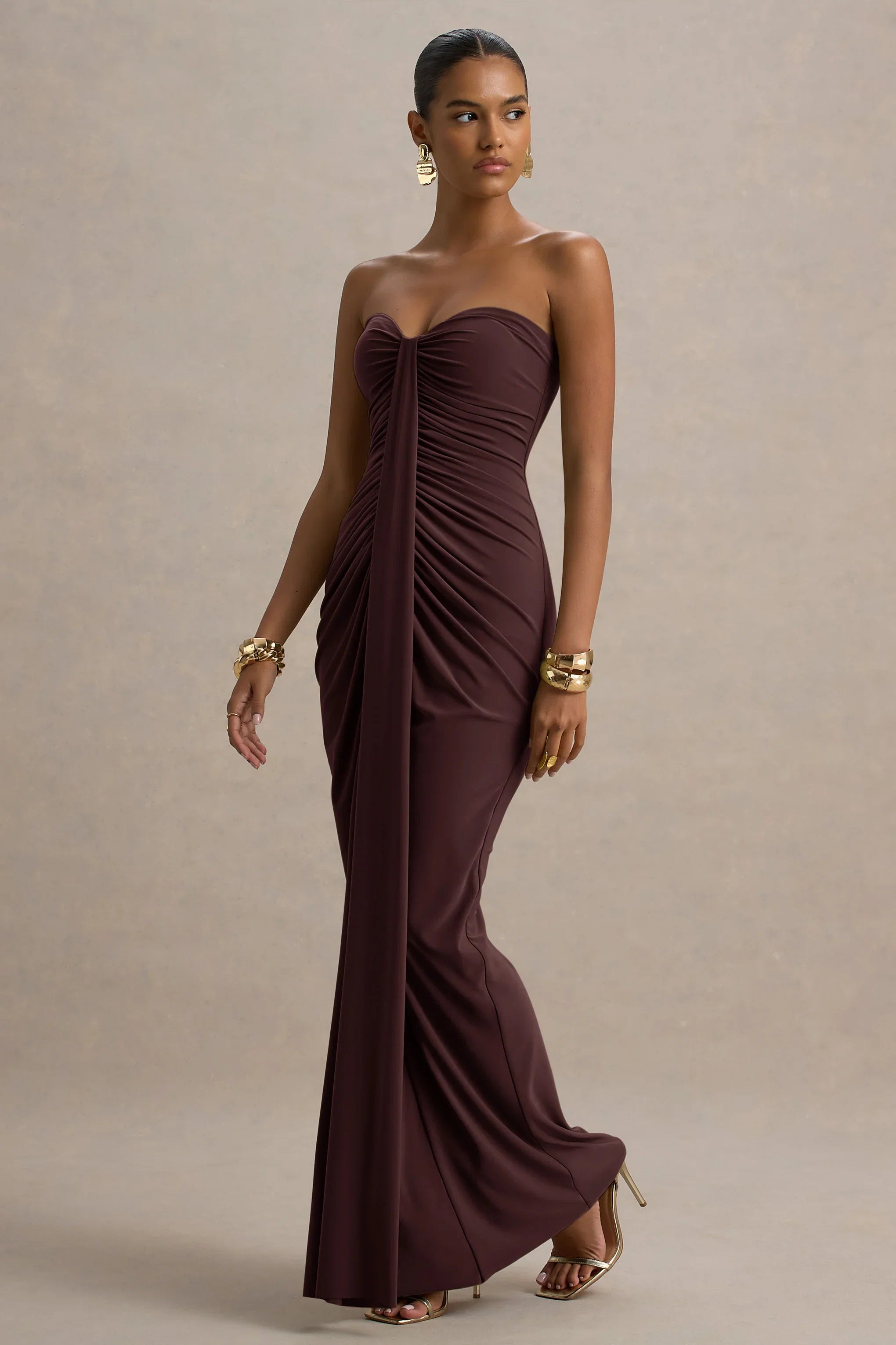 Ali Warm Brown Sweetheart Ruched Wrap Maxi Dress