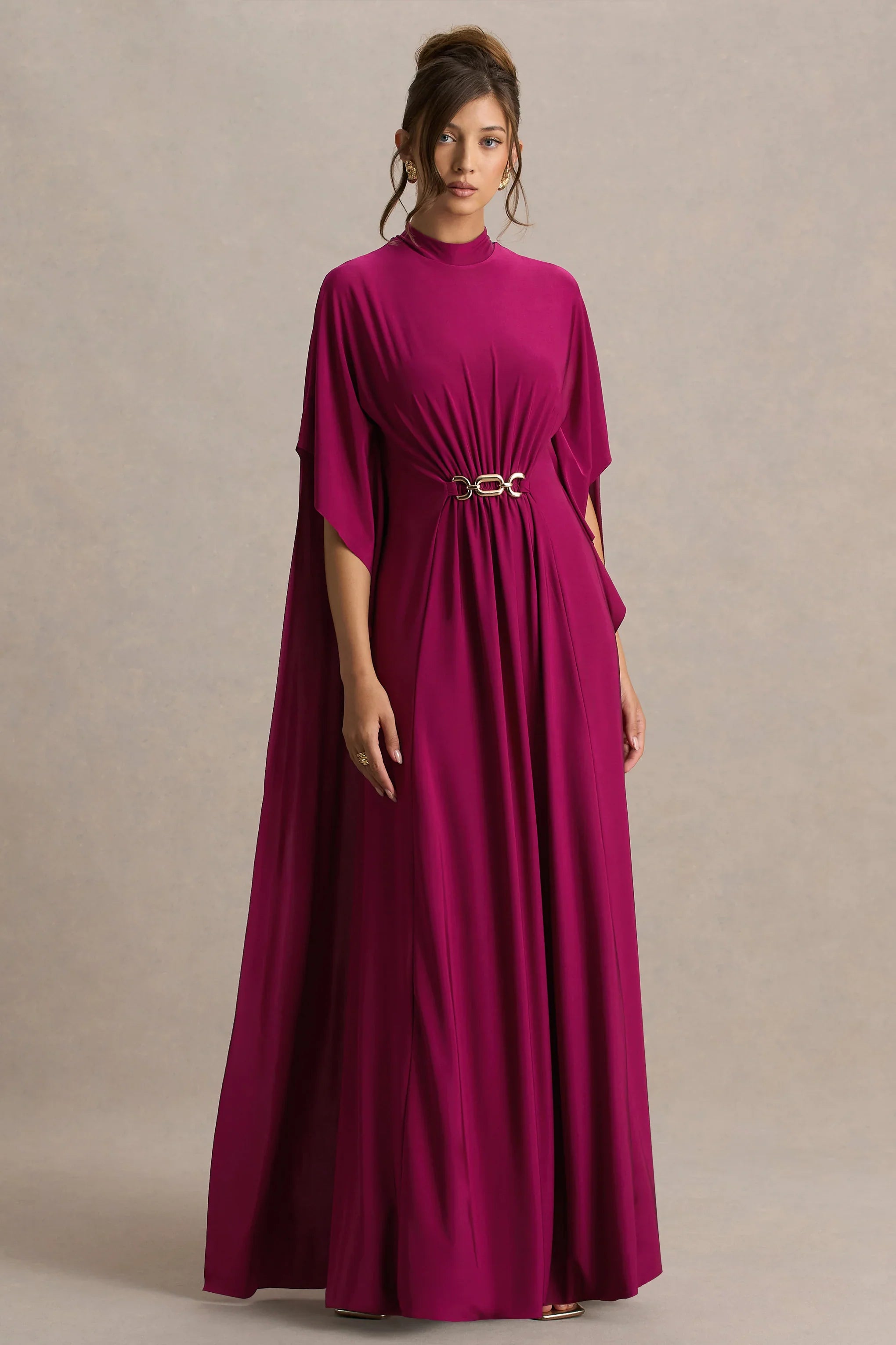 Olessia Burgundy Belted Gathered Cape Sleeve Maxi Dress