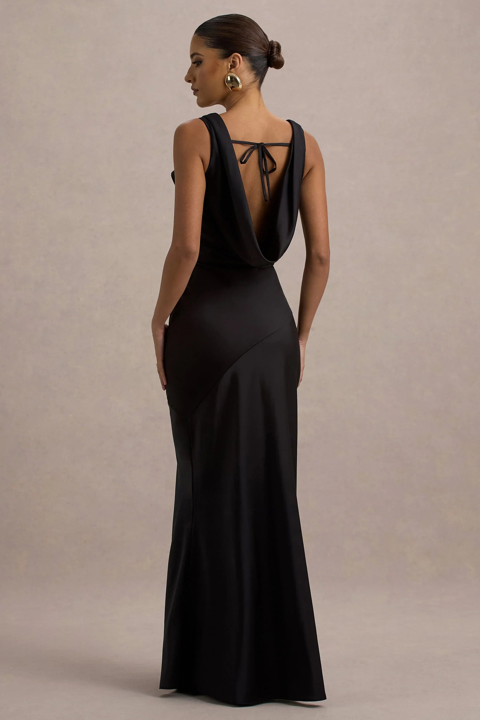 Alesso Black Satin Cowl Neck Slip Maxi Dress