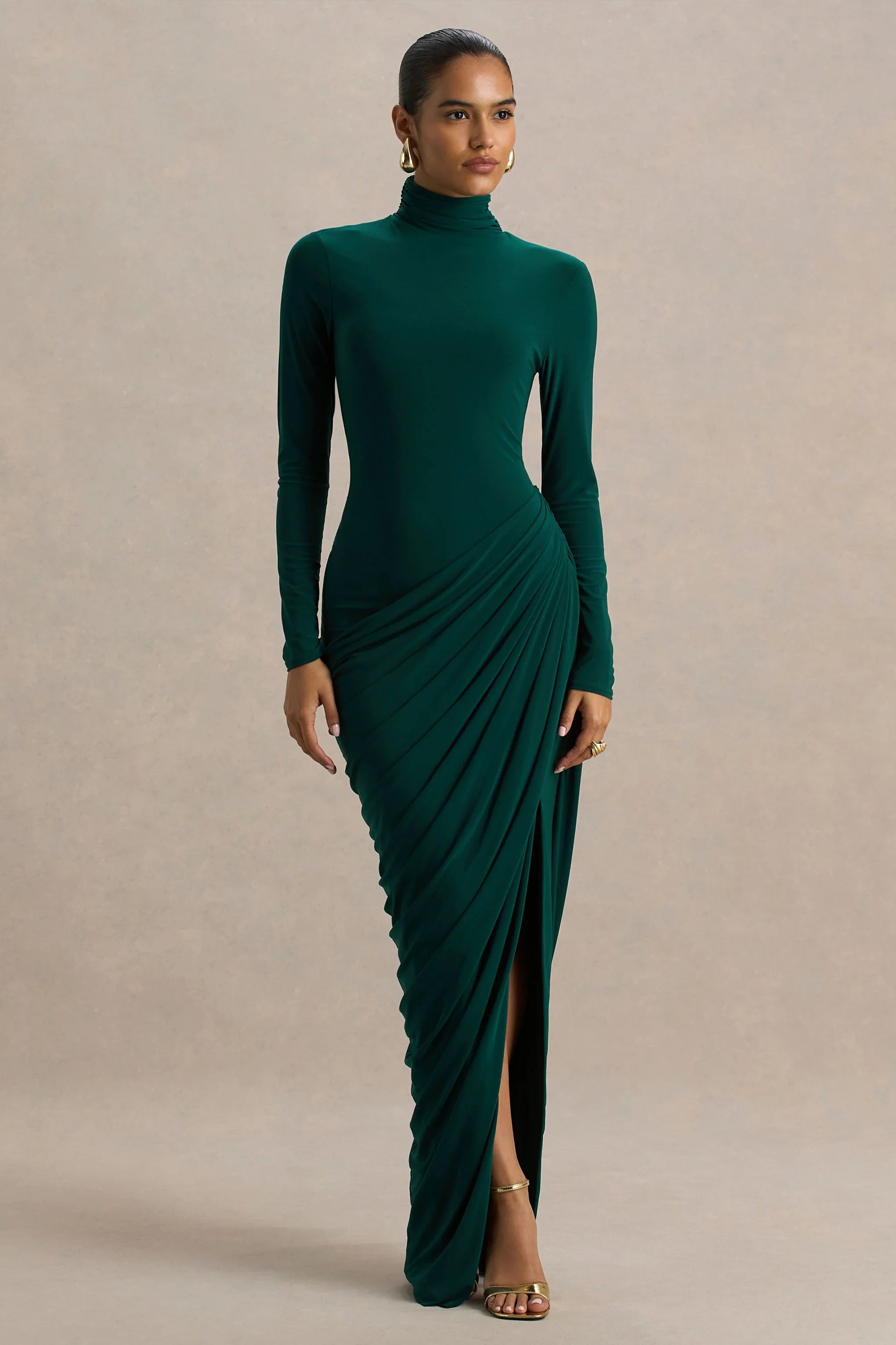 Betsy Bottle Green High Neck Maxi Dress With Front Split And Ruched Detailing