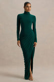 Betsy Bottle Green High Neck Maxi Dress With Front Split And Ruched Detailing