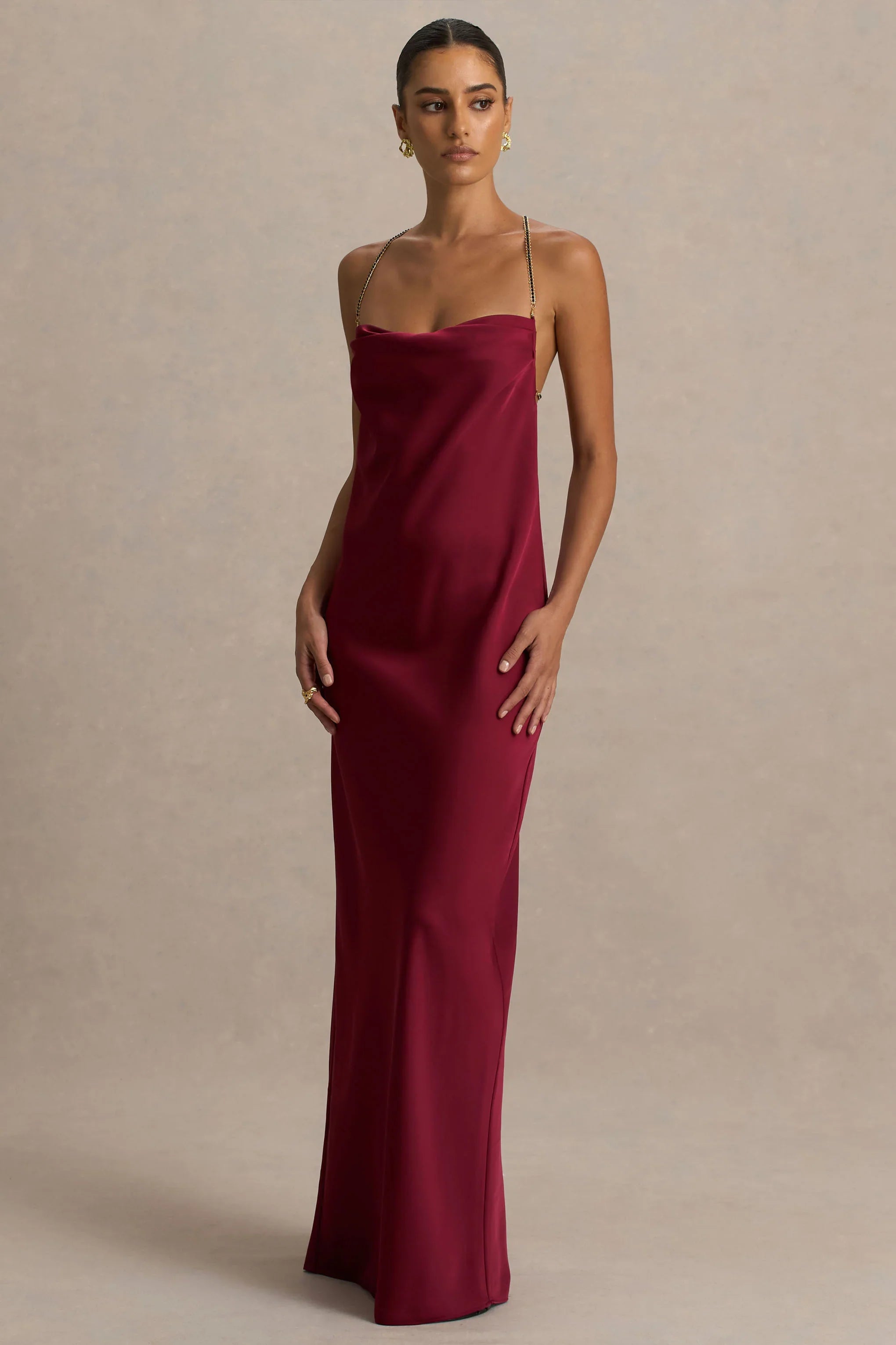 Cher Burgundy Satin Square Neck Maxi Dress With Embellished Detailed Open Back