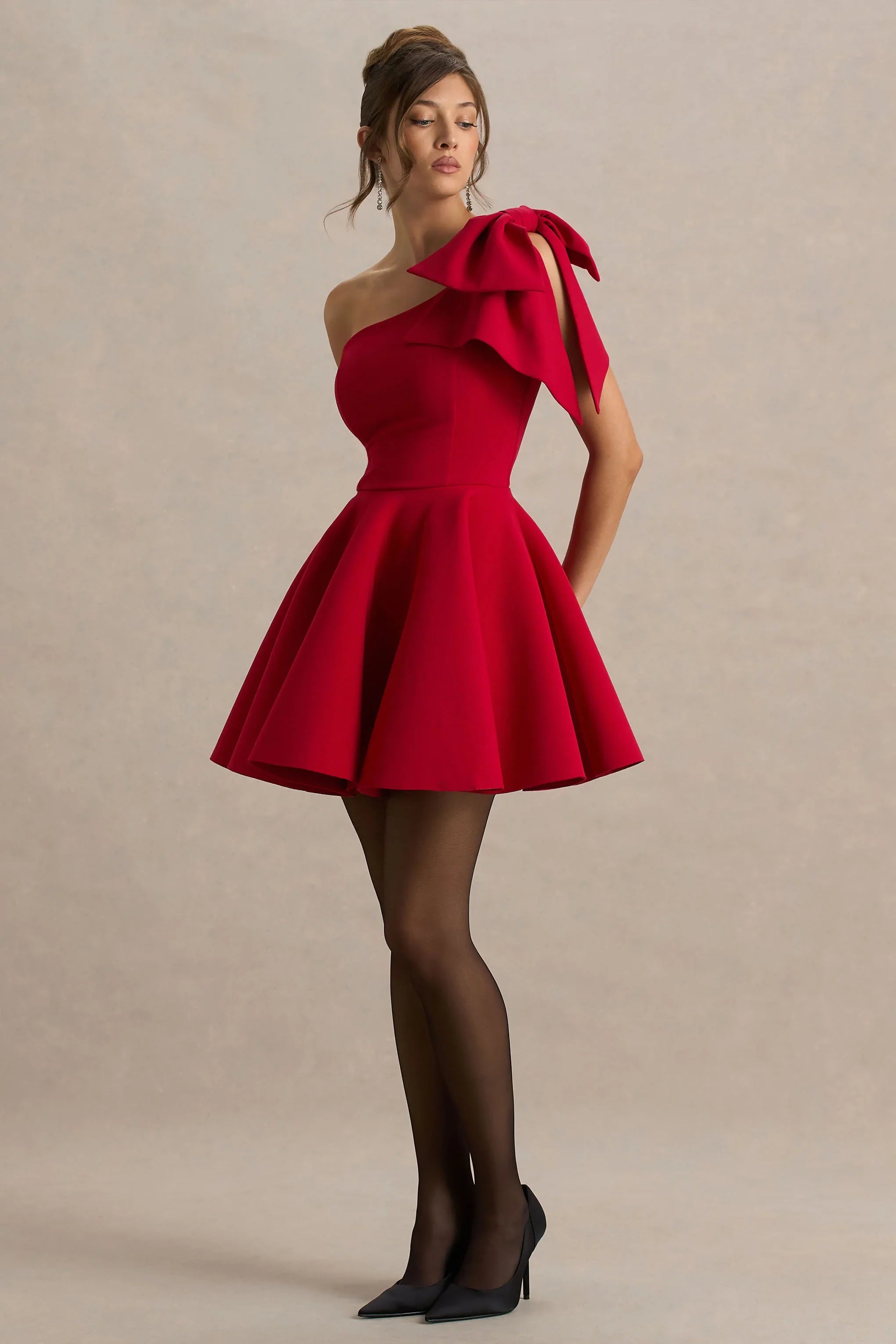 Prosperity Red Asymmetric Neck Mini Dress With Bow Detail