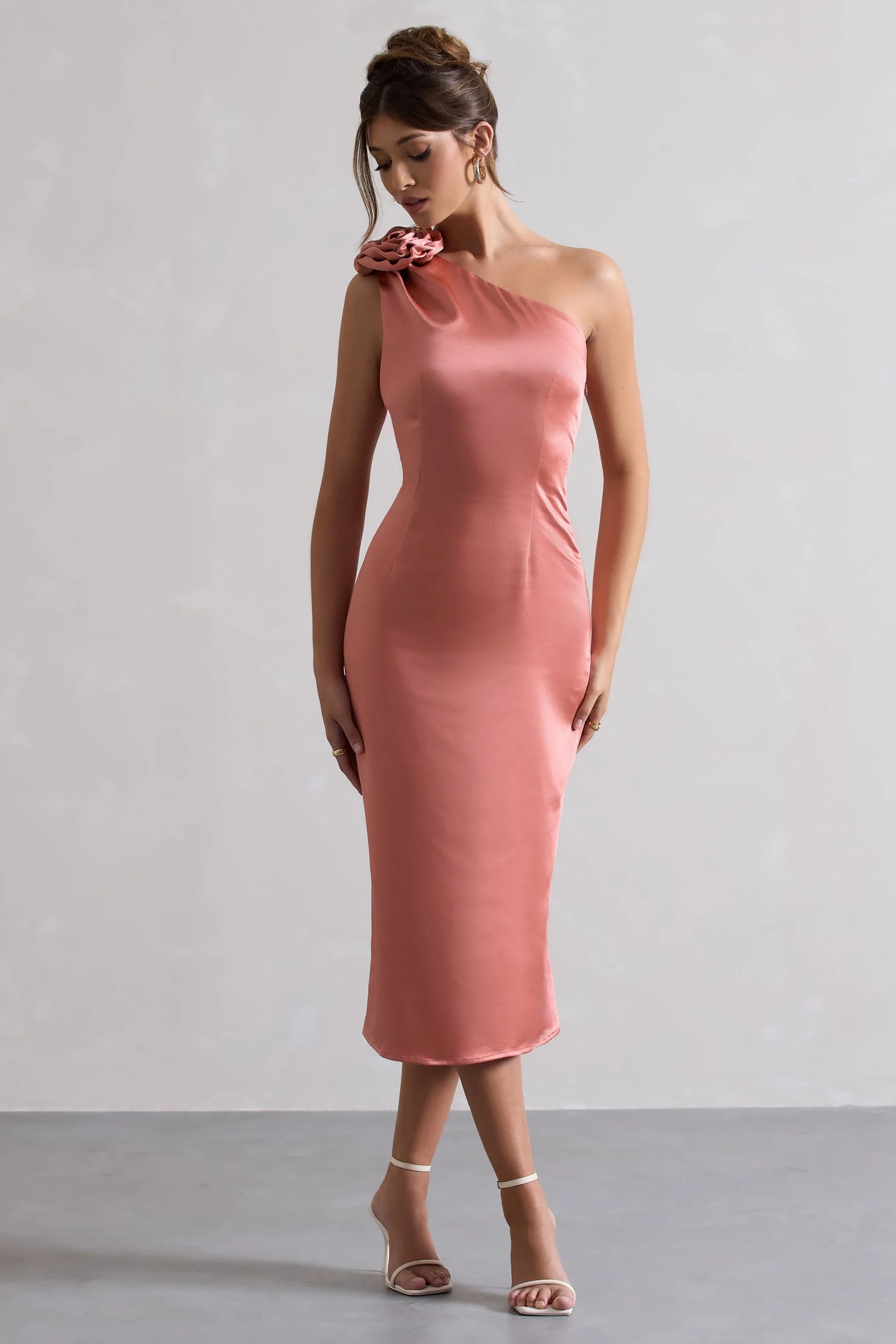 Ascot Coral Satin One Shoulder Midi Dress With Corsage