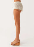 Pearl Shore Beaded Crochet Mini Shorts Ivory
